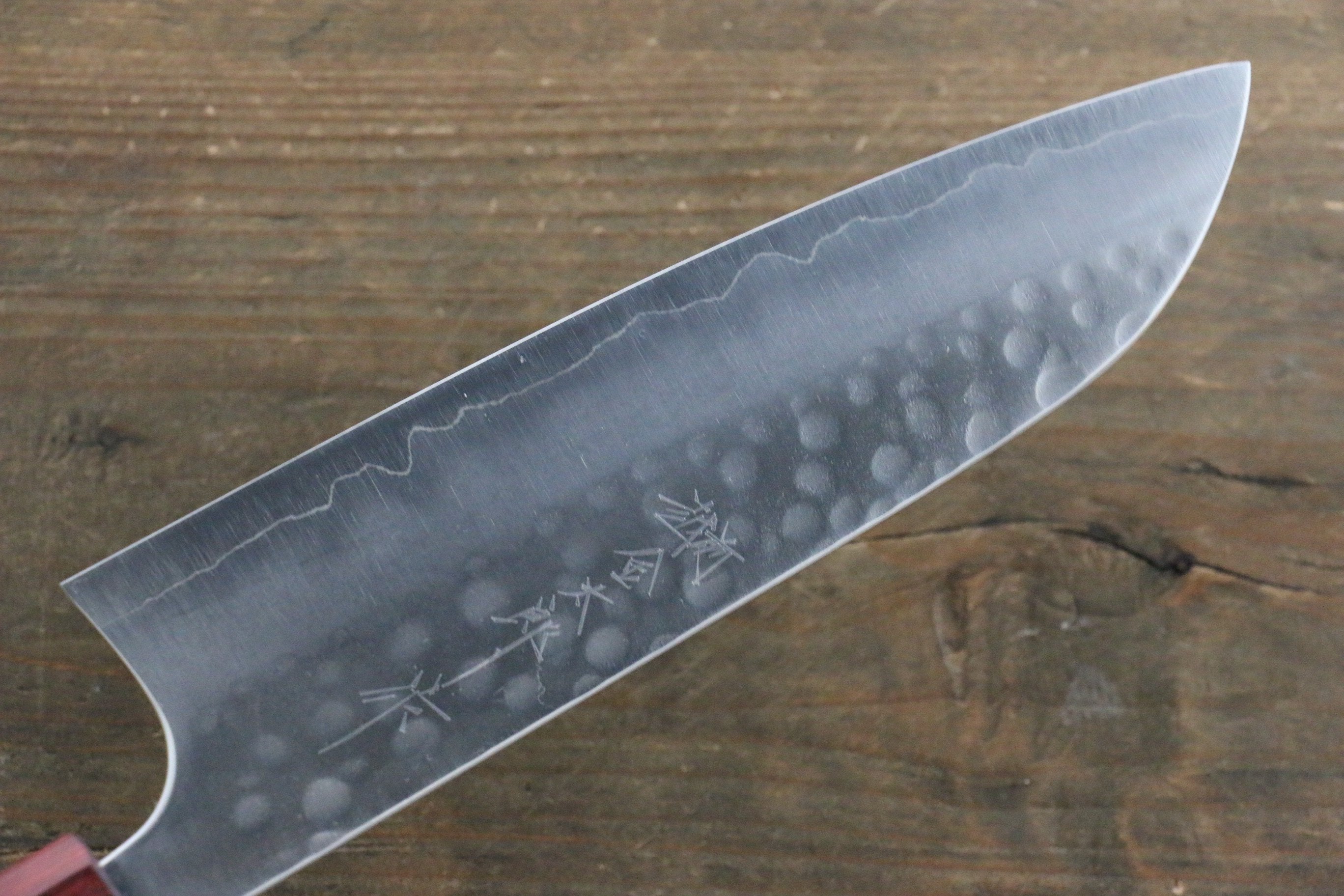 Yoshimi Kato Silver Steel No.3 Hammered Santoku Japanese Chef Knife 165mm with Red Honduras Handle - Seisuke Knife