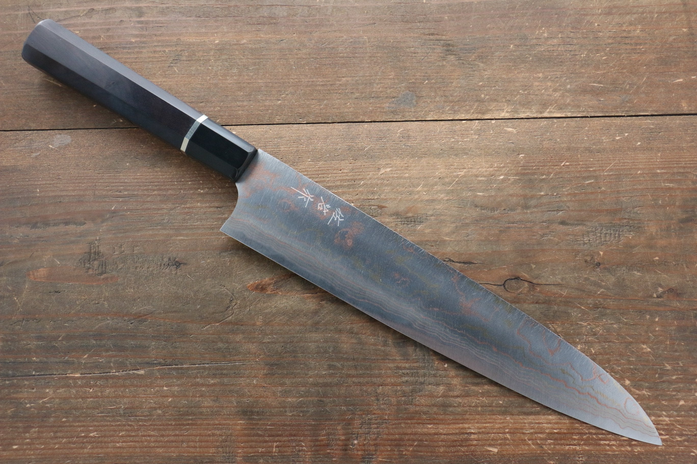 Takeshi Saji Blue Steel No.2 Colored Damascus Gyuto 270mm Ebony with Ring Handle - Seisuke Knife