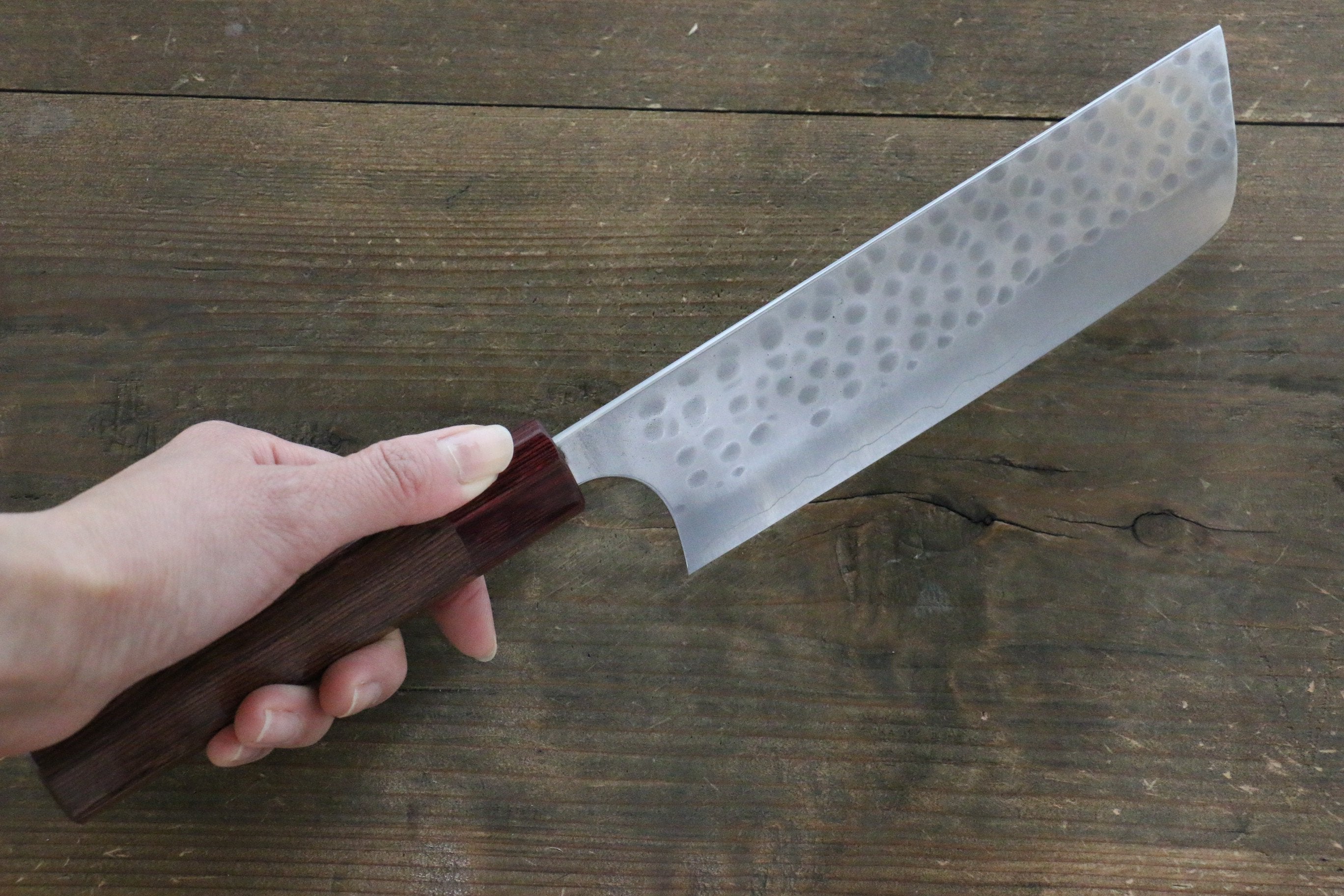 Yoshimi Kato Silver Steel No.3 Hammered Nakiri Japanese Chef Knife 165mm with Red Honduras Handle - Seisuke Knife