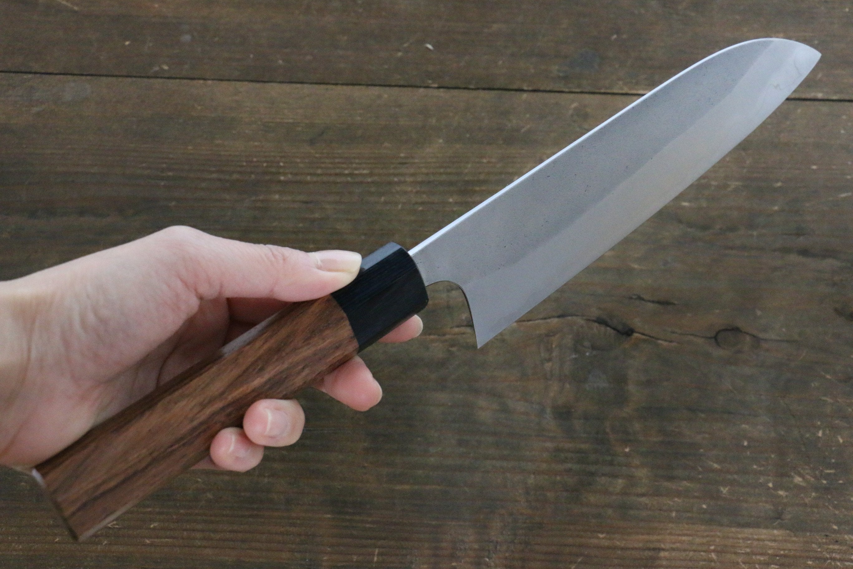 Yoshimi Kato Blue Super Clad Nashiji Santoku Japanese Chef Knife 165mm with Black Honduras Handle - Seisuke Knife