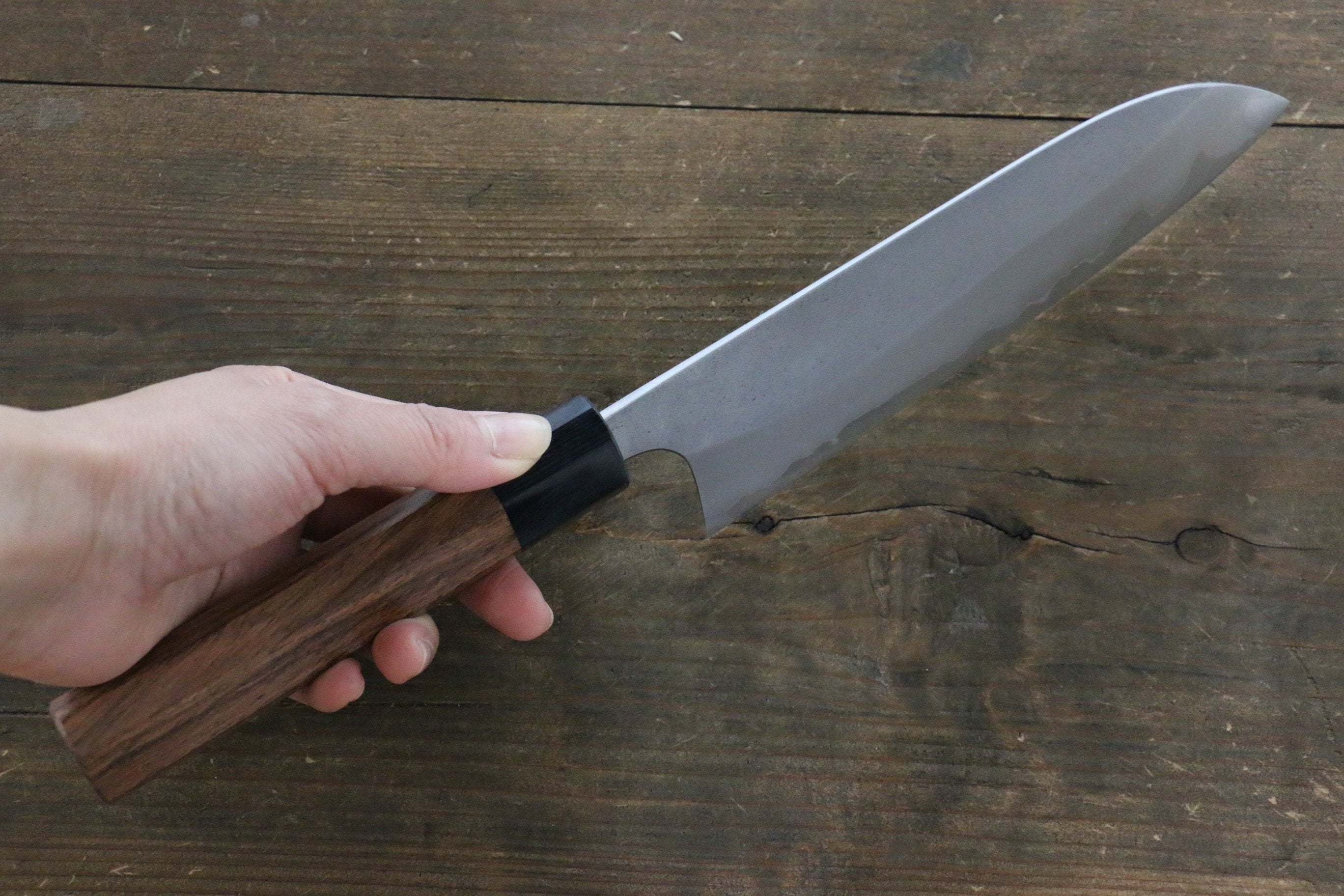 Yoshimi Kato Blue Super Clad Nashiji Santoku Japanese Chef Knife 165mm with Black Honduras Handle - Seisuke Knife
