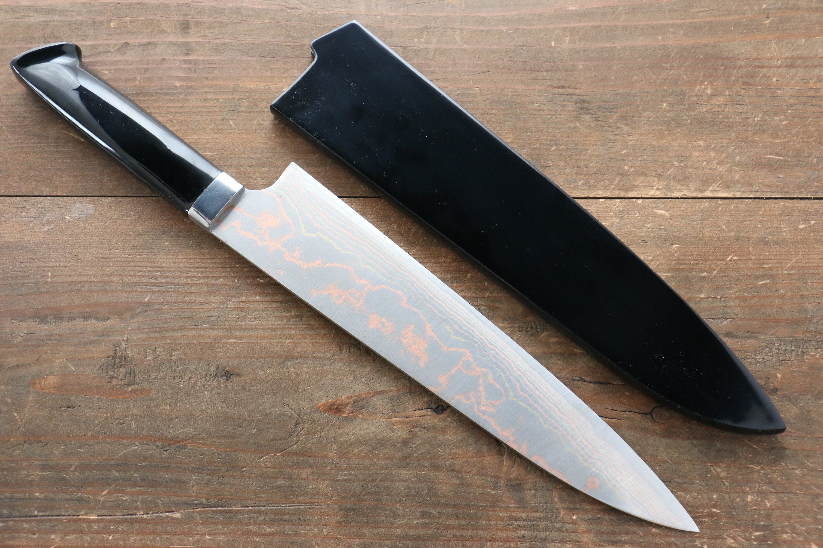 Takeshi Saji Blue Steel No.2 Colored Damascus Maki-e Art Gyuto 240mm Lacquered Handle - Seisuke Knife