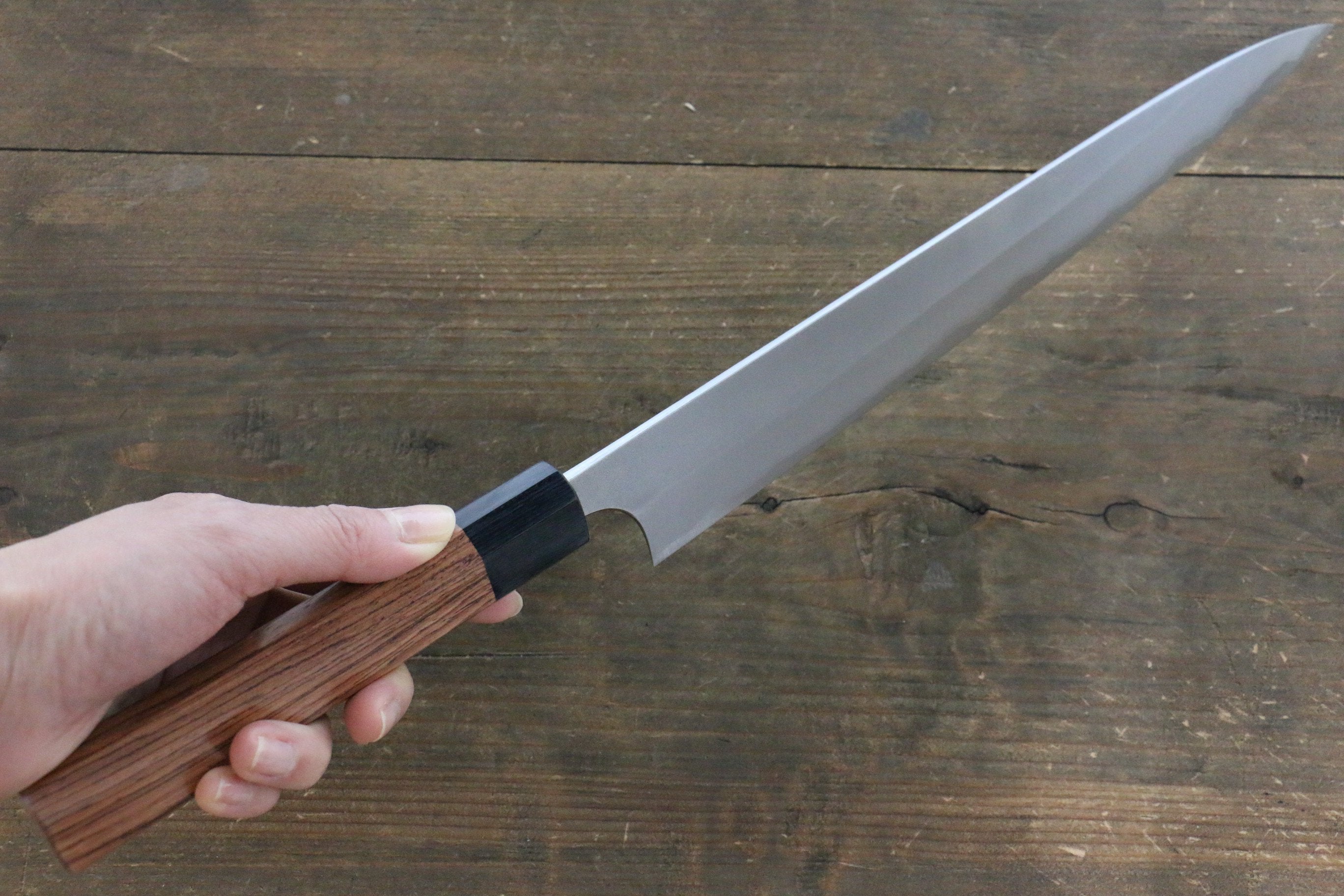 Yoshimi Kato Blue Super Clad Nashiji Sujihiki-Slicer Japanese Chef Knife 270mm with Black Honduras Handle - Seisuke Knife