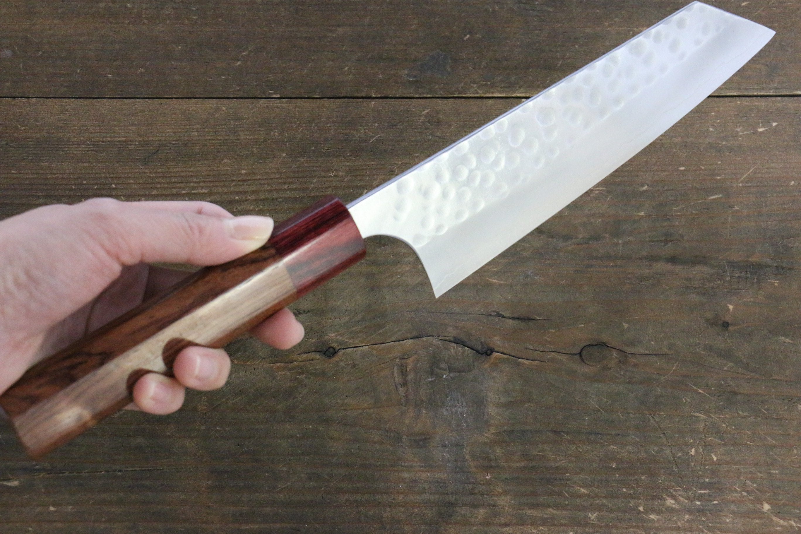 Yoshimi Kato Silver Steel No.3 Hammered Bunka Japanese Chef Knife 165mm with Red Honduras Handle - Seisuke Knife