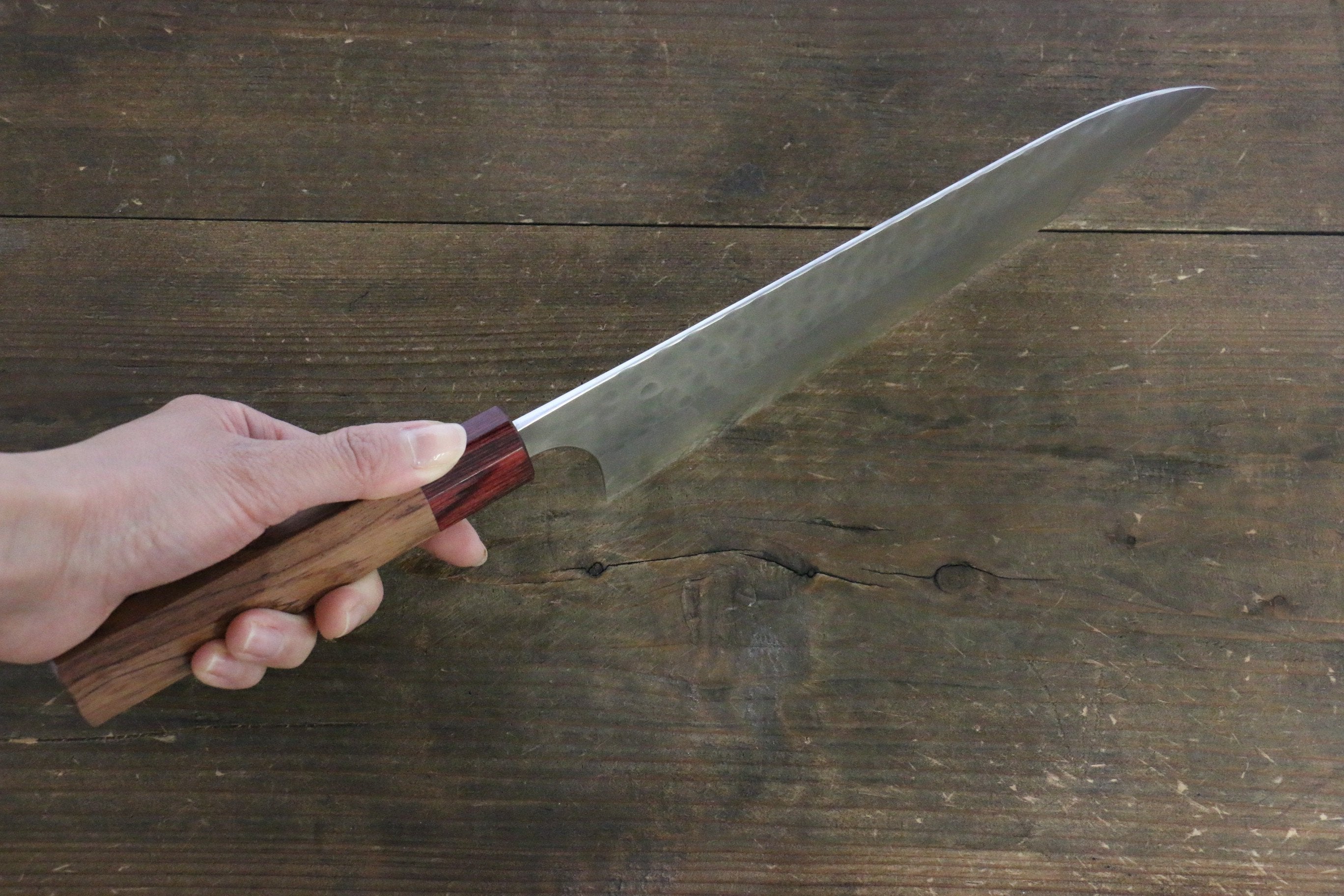 Yoshimi Kato Silver Steel No.3 Hammered Gyuto Japanese Chef Knife 210mm with Red Honduras Handle - Seisuke Knife