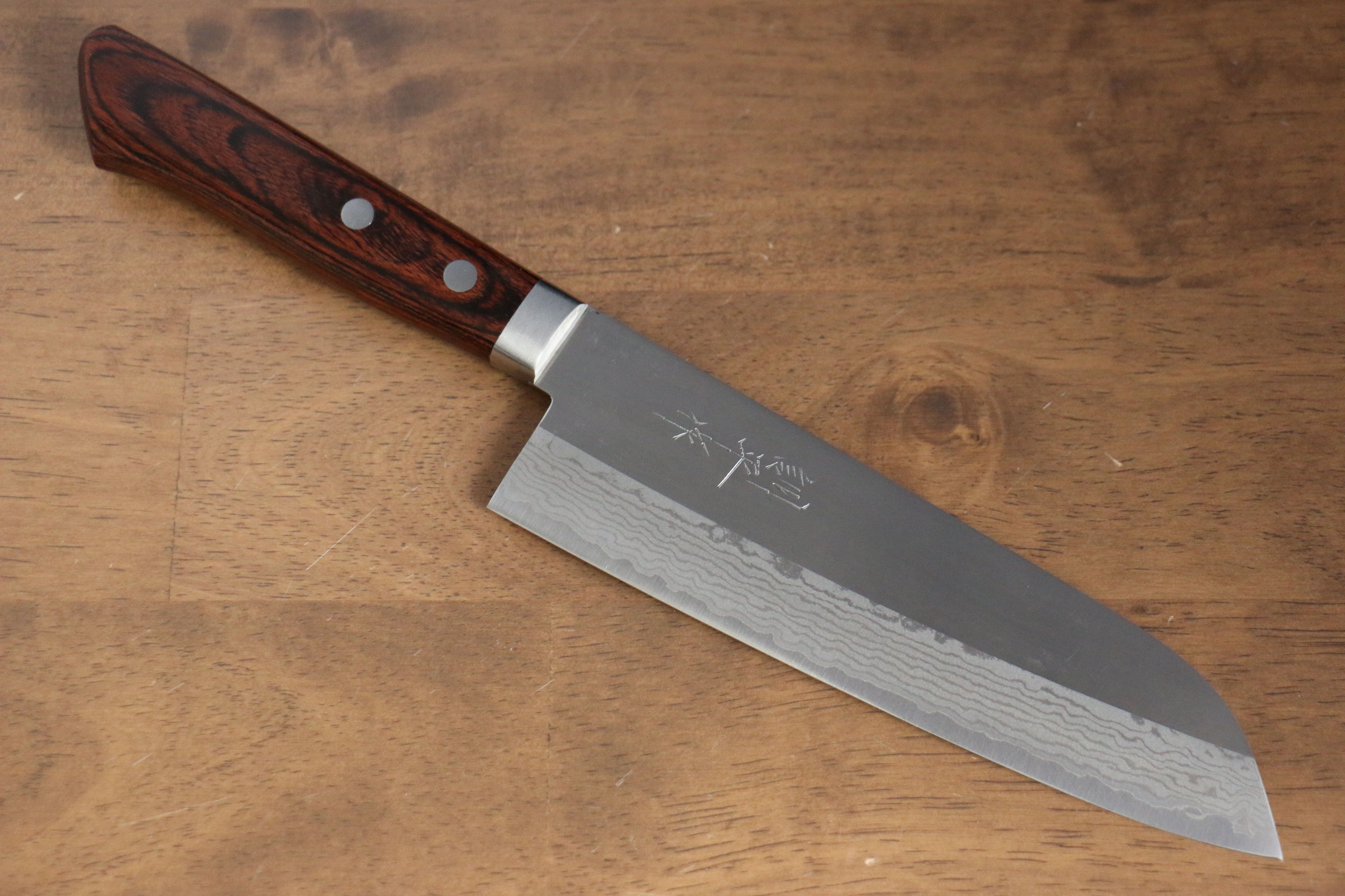 Kunihira Sairyu VG10 Migaki Finished Damascus Santoku 170mm Mahogany Handle - Seisuke Knife