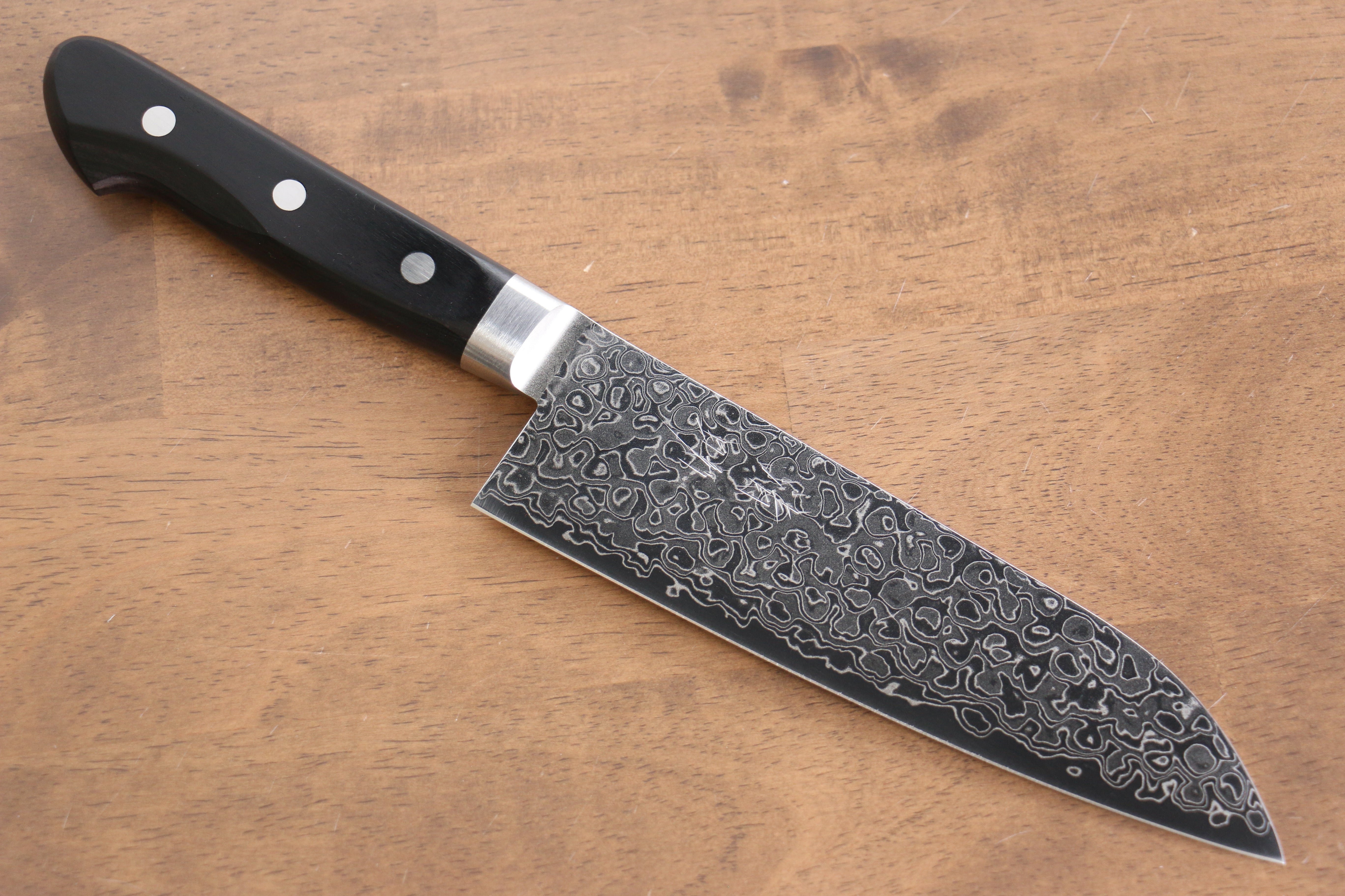 Seisuke AUS10 45 Layer Mirrored Damascus Santoku 170mm Black Pakkawood Handle - Seisuke Knife