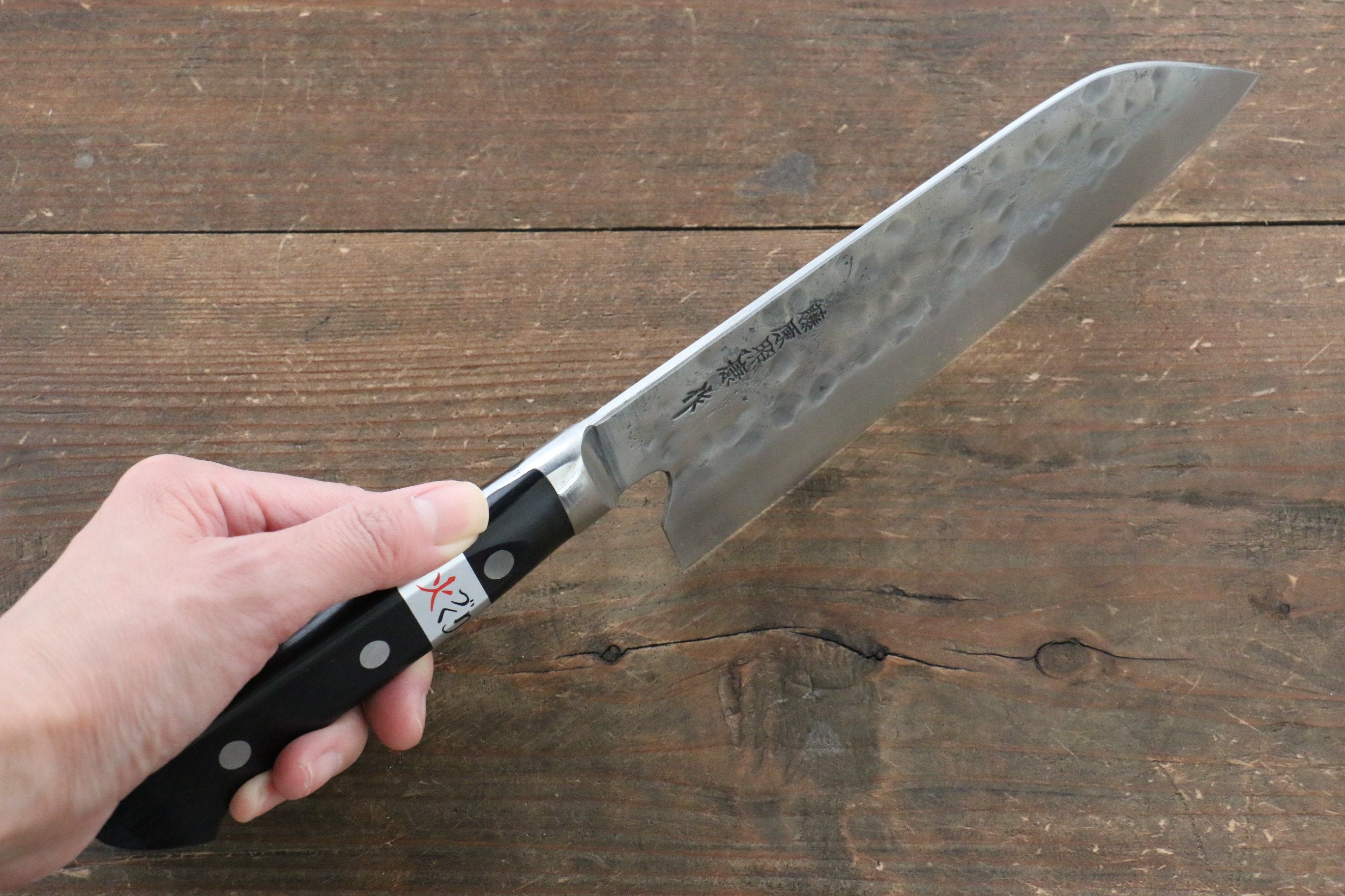 Fujiwara Teruyasu Fujiwara Teruyasu Maboroshi White Steel No.1 Nashiji Hammered Santoku 180mm with Black Pakka wood Handle - Seisuke Knife