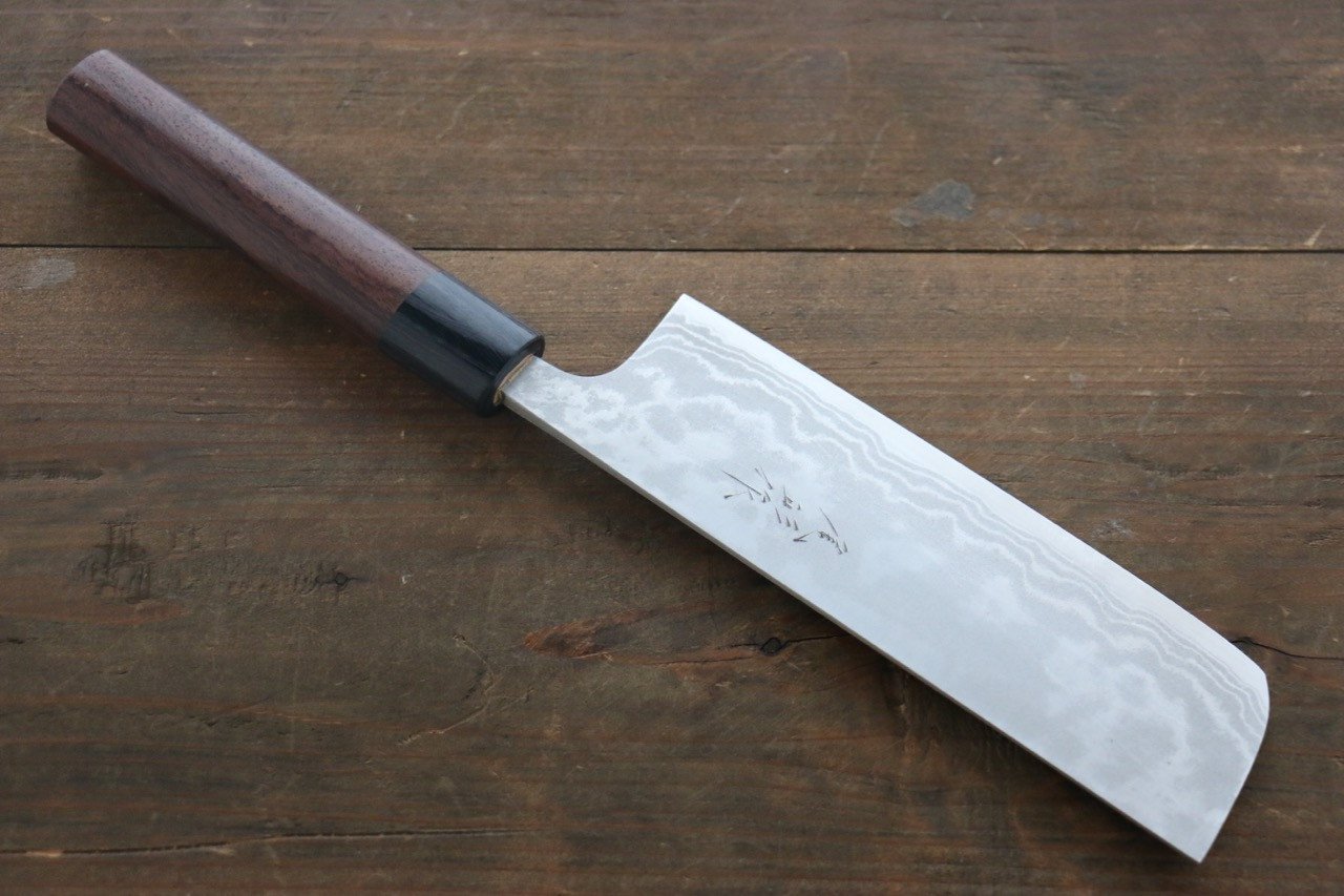 Shungo Ogata White Steel No.2 Damascus Migaki Finished Nakiri 165mm Shitan Handle - Seisuke Knife