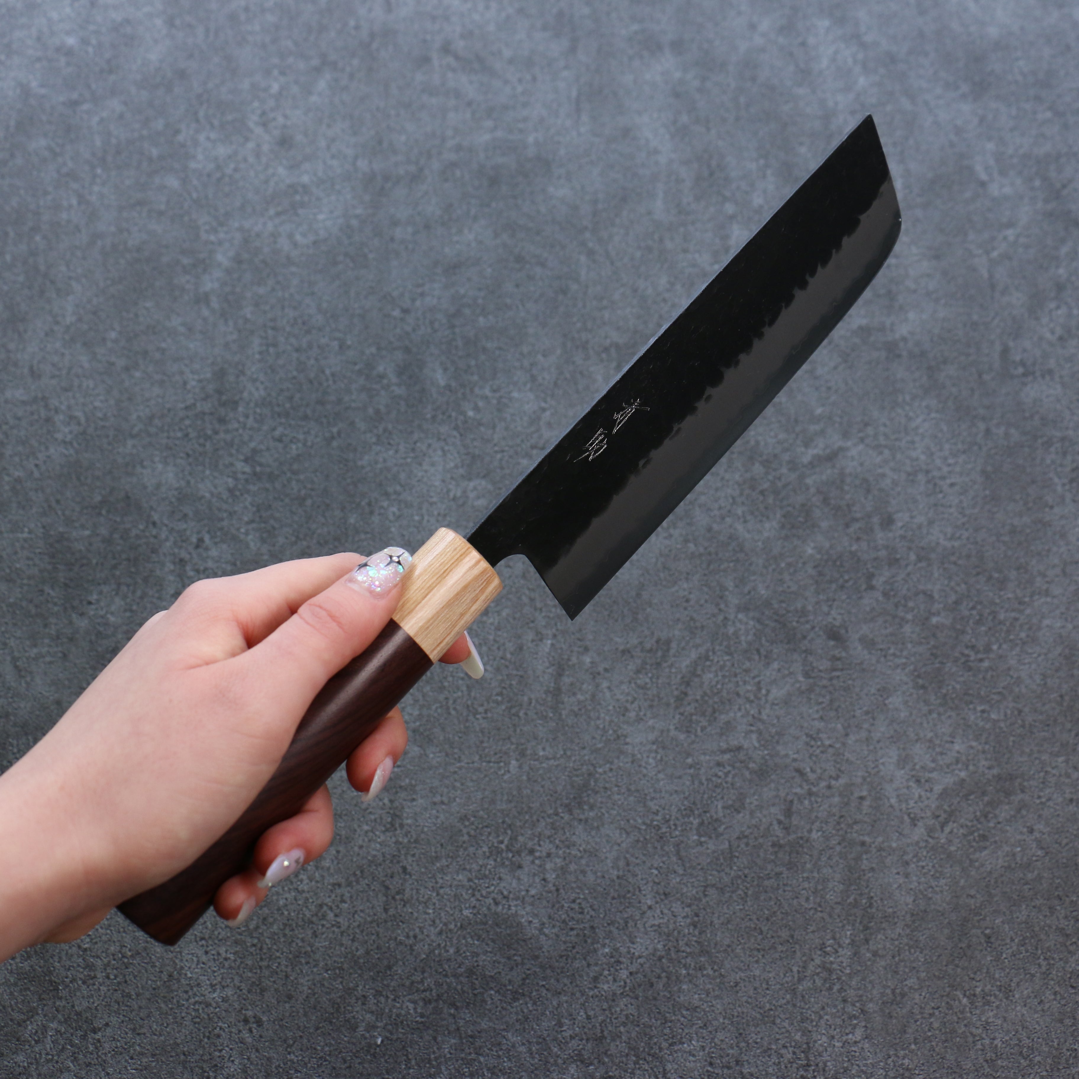 Seisuke Shitan Blue Super Hammered Kurouchi Nakiri 165mm Shitan Handle - Seisuke Knife