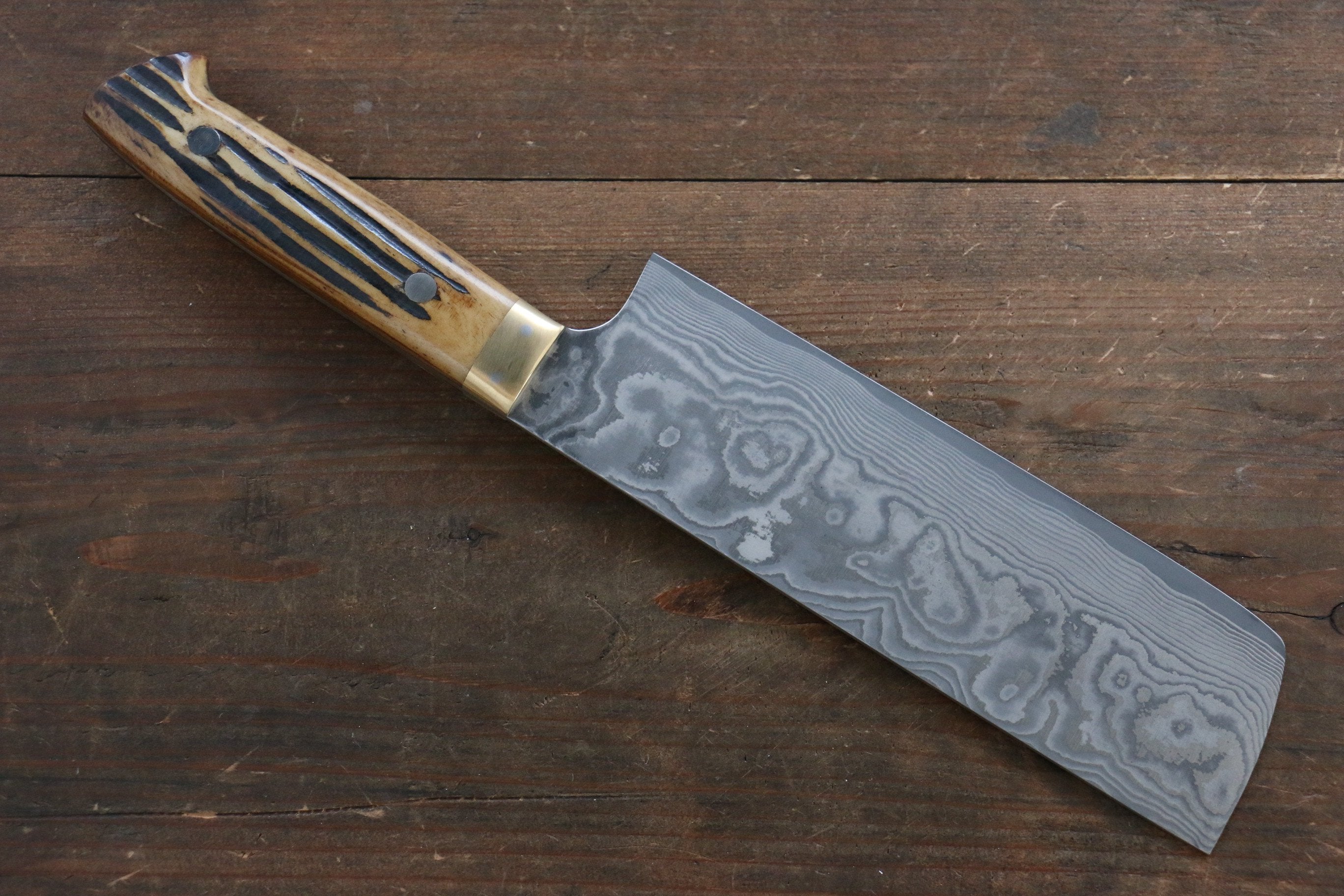 Takeshi Saji VG10 Black Damascus Nakiri 170mm Brown Deer Horn Handle - Seisuke Knife