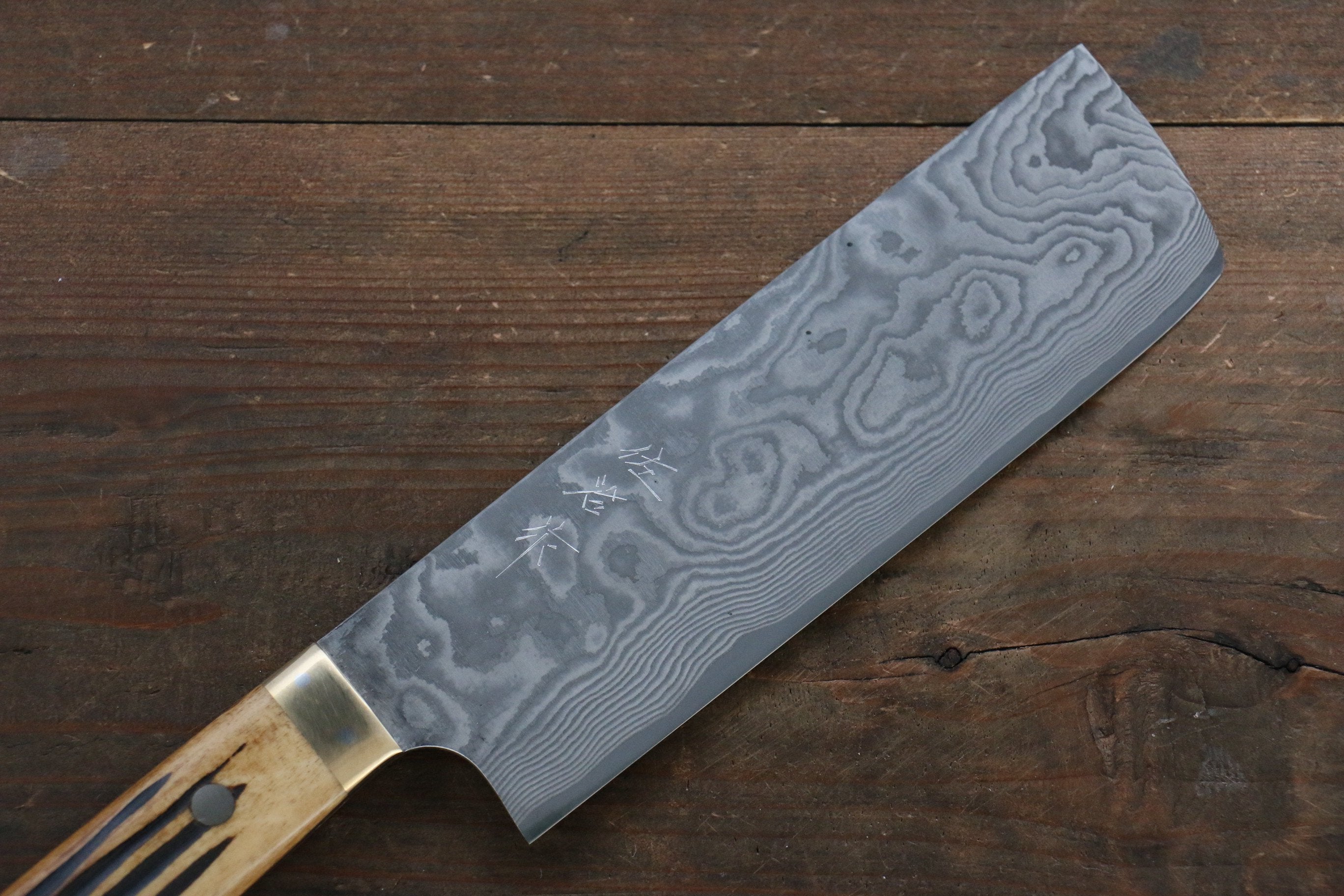 Takeshi Saji VG10 Black Damascus Nakiri 170mm Brown Deer Horn Handle - Seisuke Knife