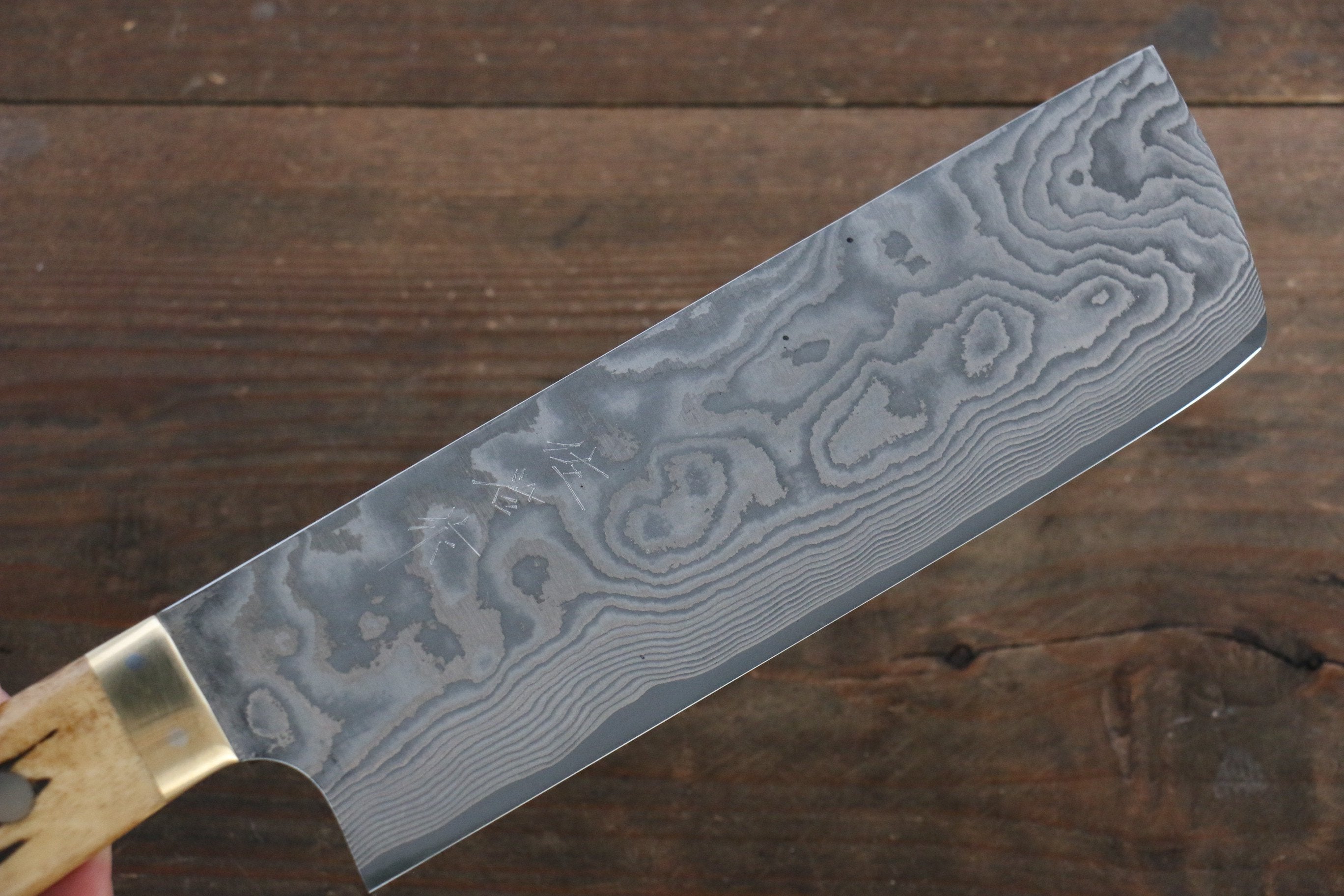 Takeshi Saji VG10 Black Damascus Nakiri 170mm Brown Deer Horn Handle - Seisuke Knife
