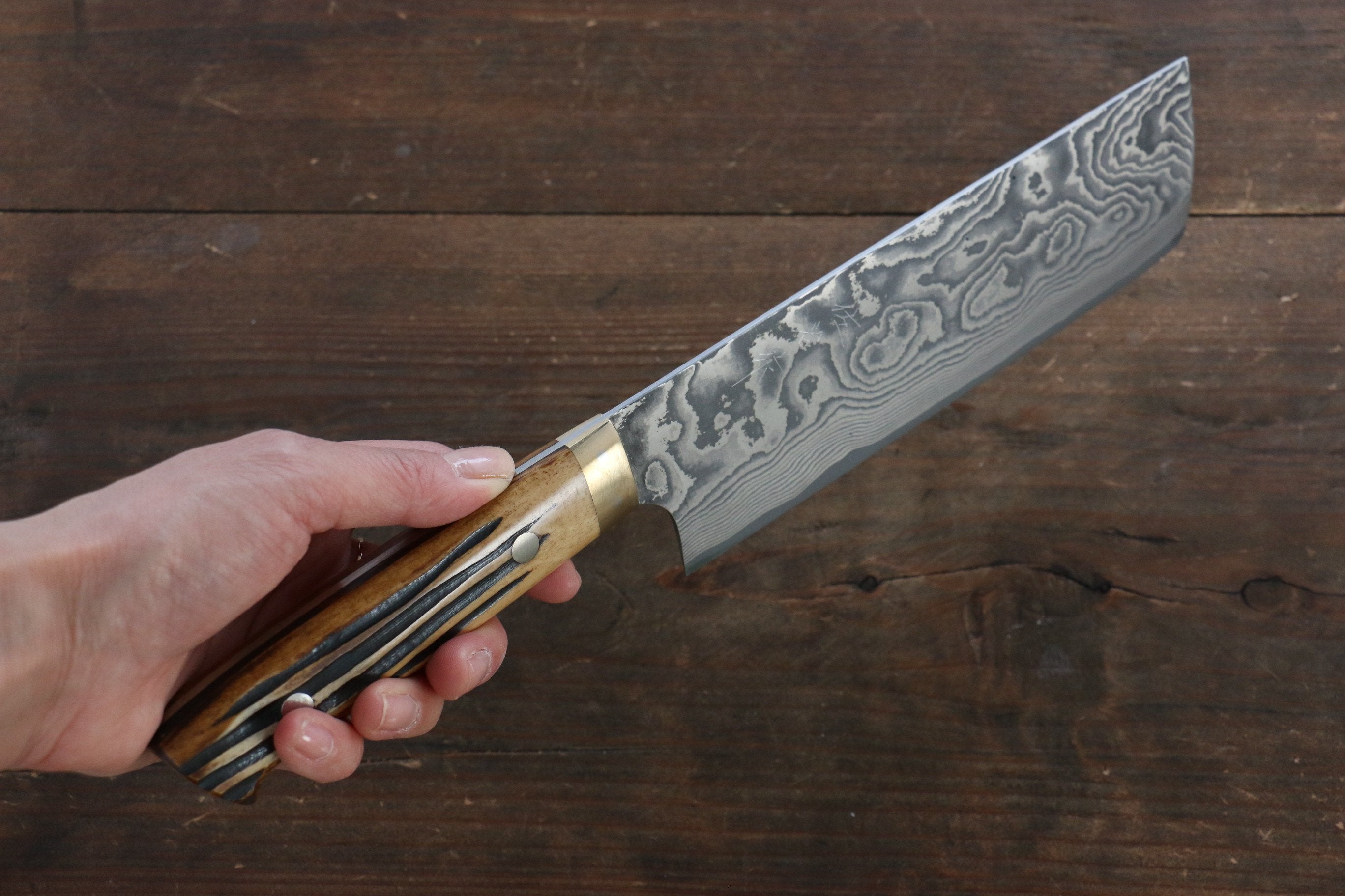 Takeshi Saji VG10 Black Damascus Nakiri 170mm Brown Deer Horn Handle - Seisuke Knife