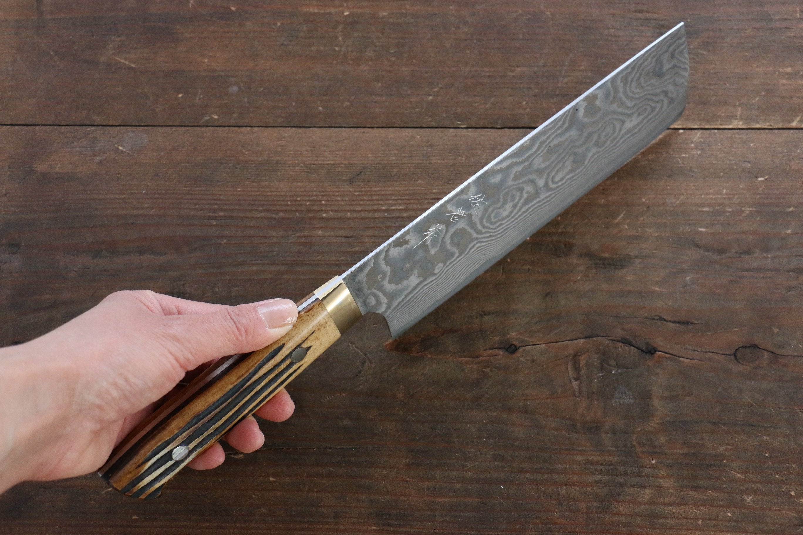 Takeshi Saji VG10 Black Damascus Nakiri 170mm Brown Deer Horn Handle - Seisuke Knife