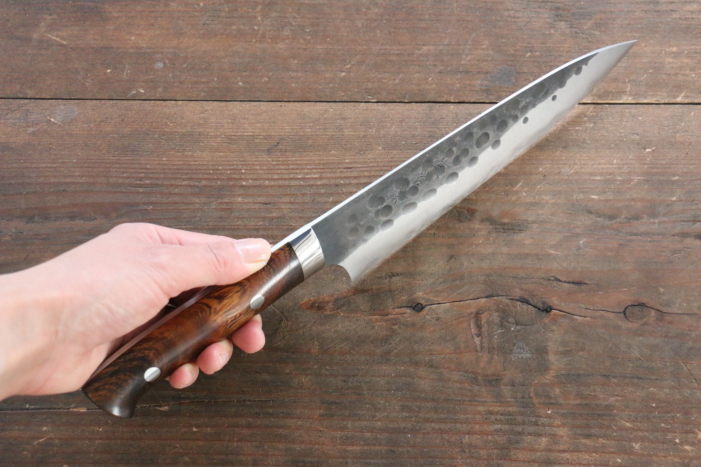 Takeshi Saji Blue Super Hammered Kurouchi Gyuto 180mm Ironwood Handle - Seisuke Knife