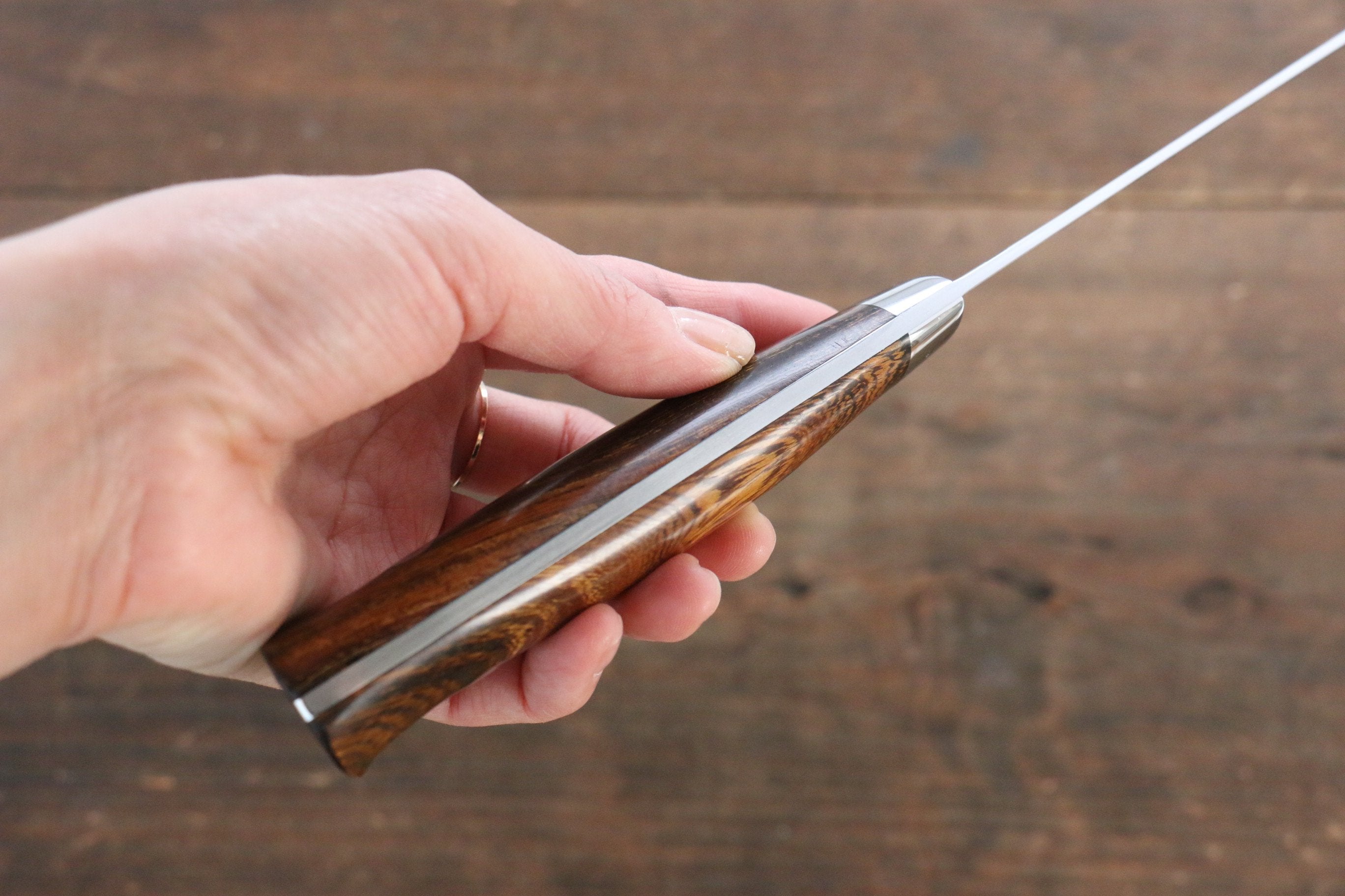 Takeshi Saji Blue Super Hammered Kurouchi Gyuto 180mm Ironwood Handle - Seisuke Knife