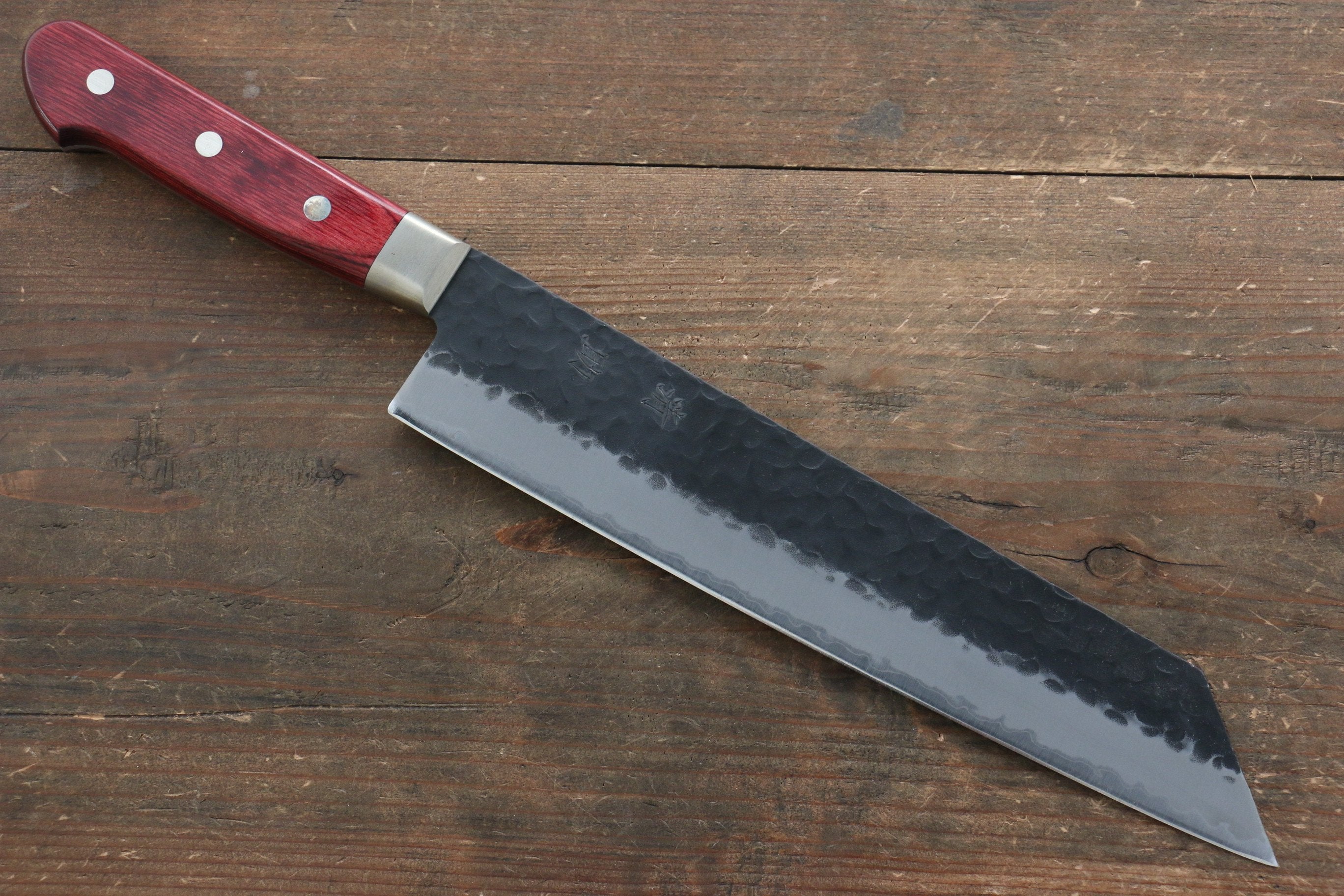 Seisuke Kurobeni Blue Super Hammered Kurouchi Kiritsuke Gyuto 240mm Red Pakka wood Handle - Seisuke Knife