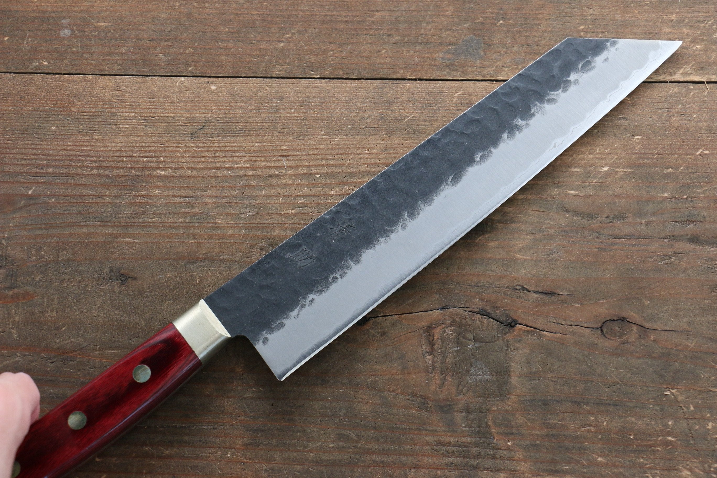 Seisuke Kurobeni Blue Super Hammered Kurouchi Kiritsuke Gyuto 210mm Red Pakka wood Handle - Seisuke Knife