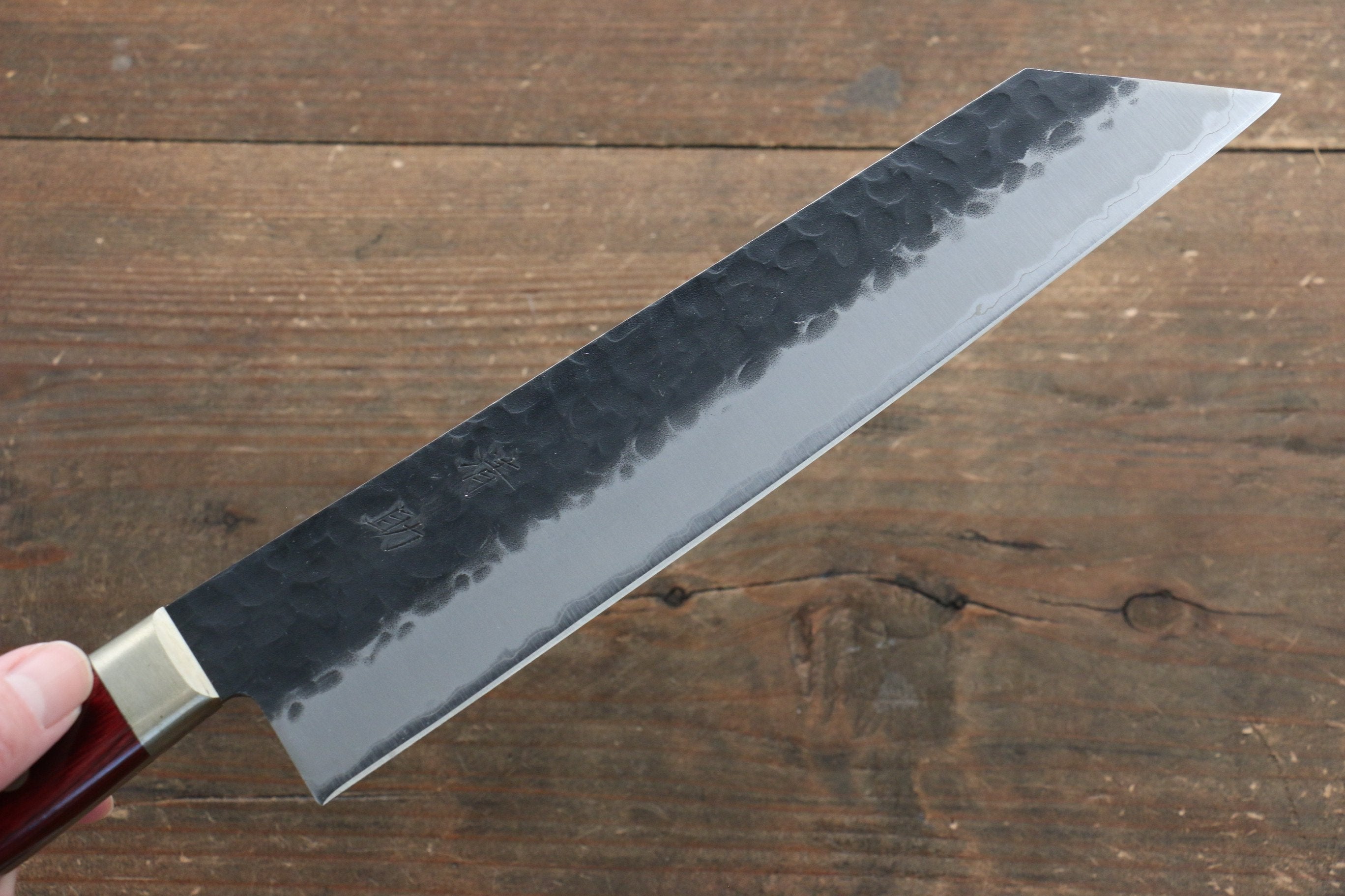 Seisuke Kurobeni Blue Super Hammered Kurouchi Kiritsuke Gyuto 210mm Red Pakka wood Handle - Seisuke Knife