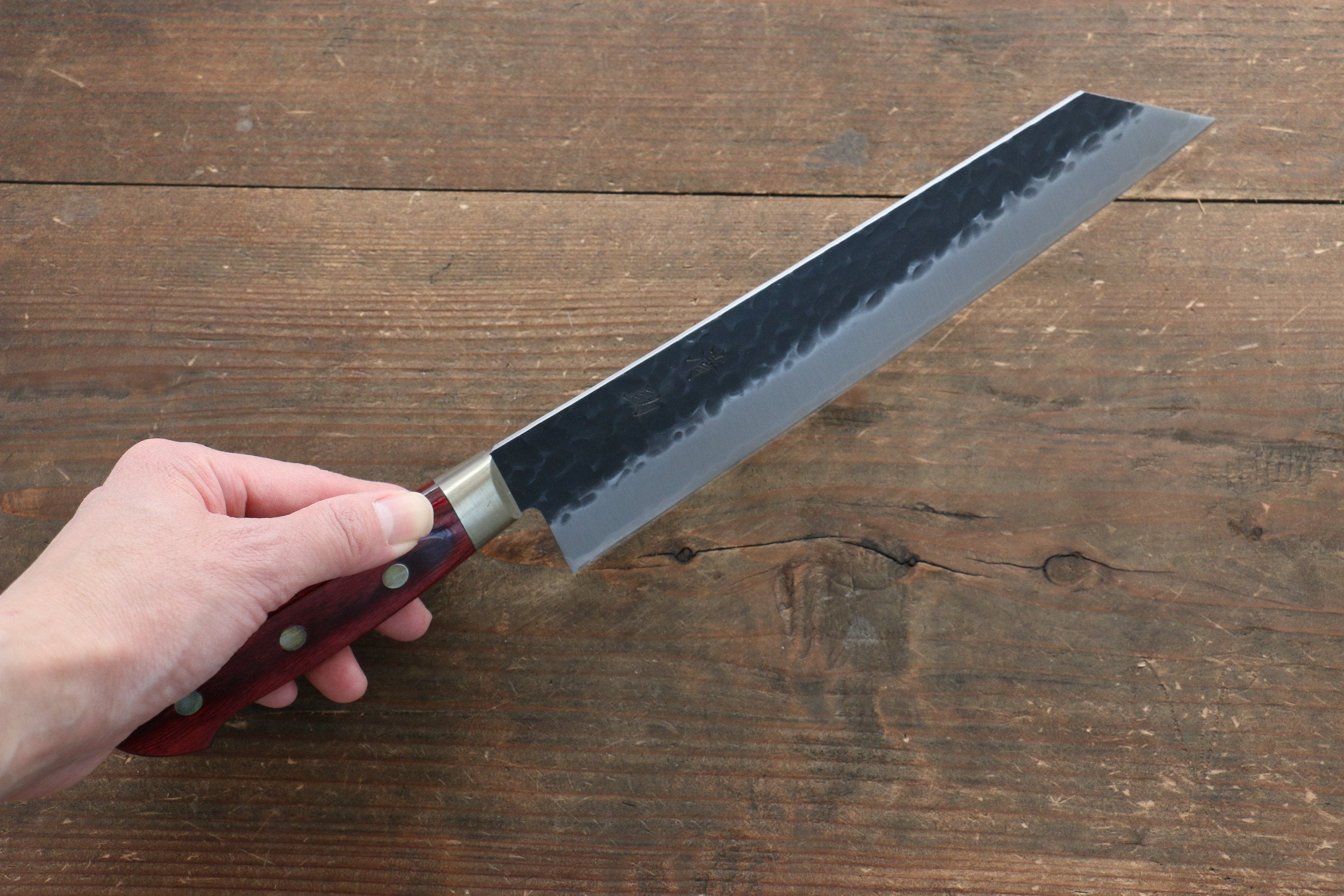 Seisuke Kurobeni Blue Super Hammered Kurouchi Kiritsuke Gyuto 210mm Red Pakka wood Handle - Seisuke Knife