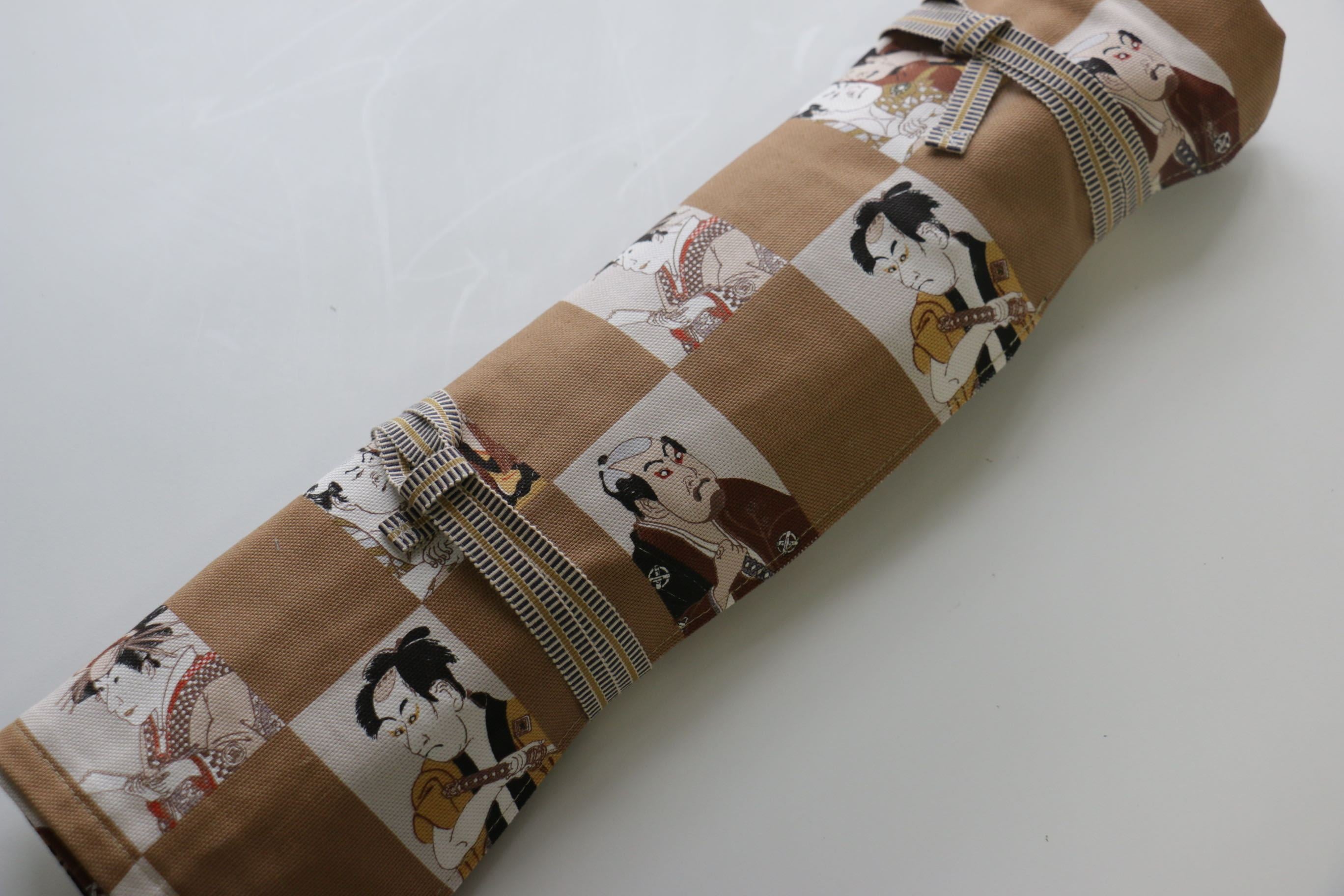 Japanese Style Knife Roll - Chakabuki Ura Gold Kamon (4 Pockets) - Seisuke Knife