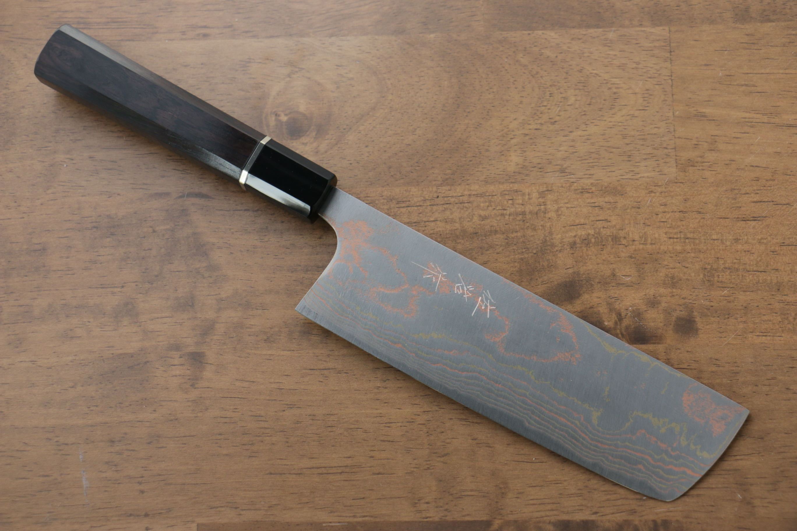 Takeshi Saji Blue Steel No.2 Colored Damascus Nakiri 165mm Ebony with Ring Handle - Seisuke Knife