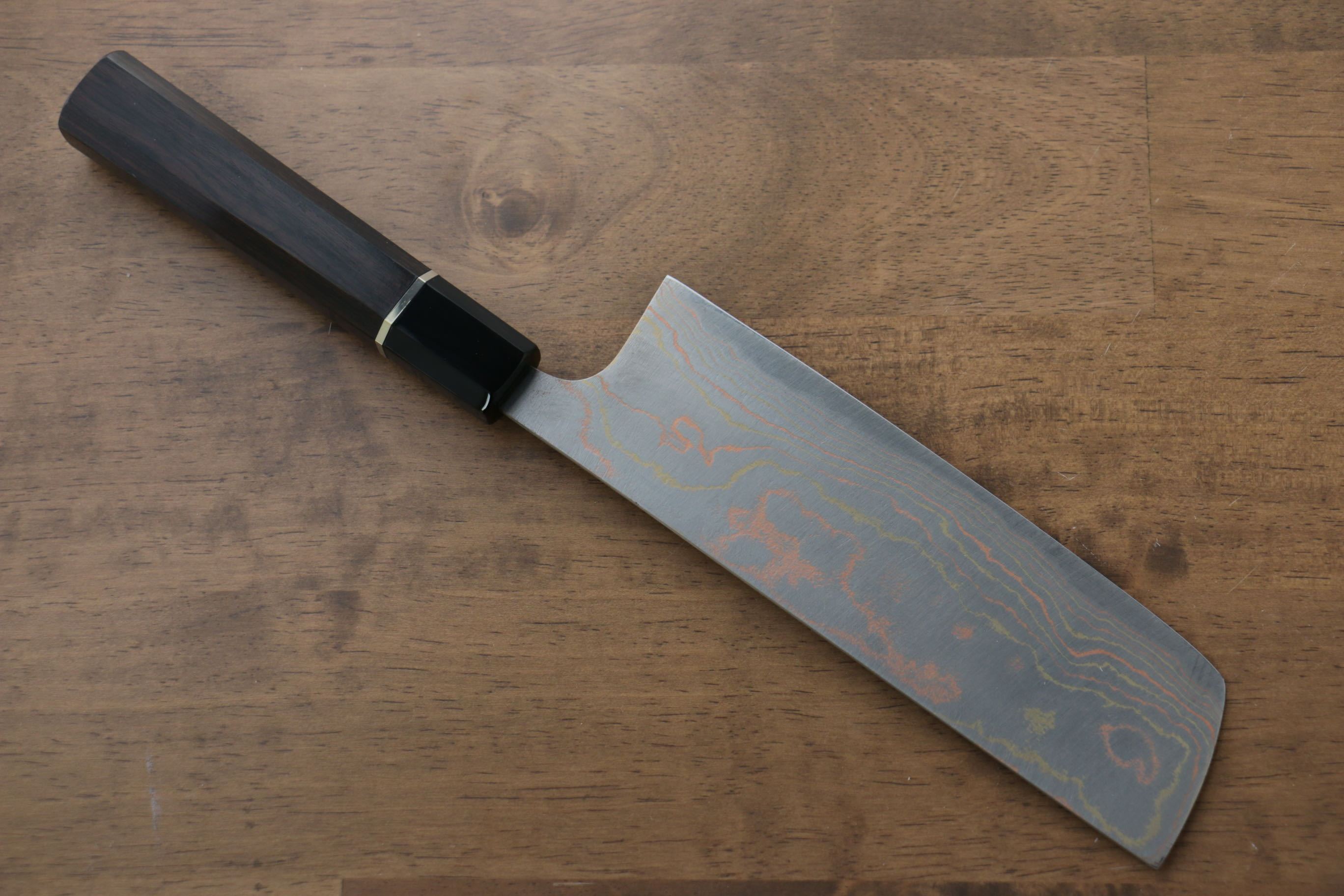 Takeshi Saji Blue Steel No.2 Colored Damascus Nakiri 165mm Ebony with Ring Handle - Seisuke Knife