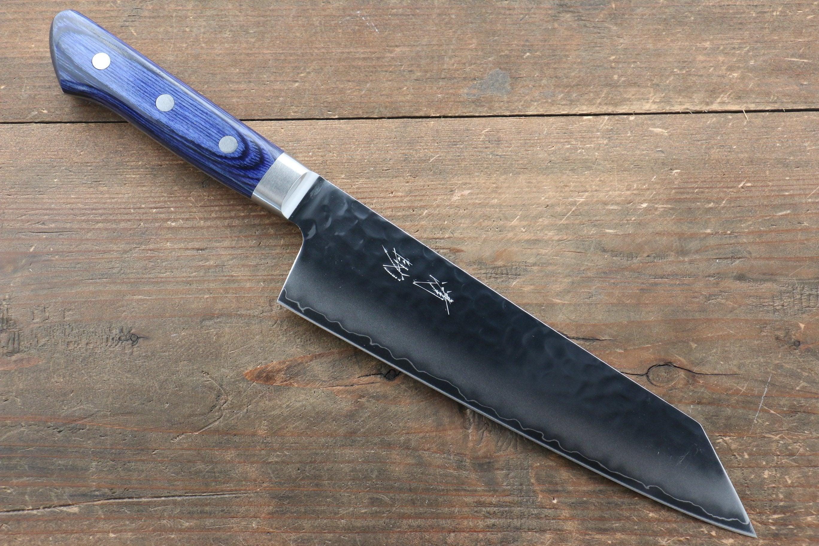 Seisuke Aotsuchi AUS10 Hammered Kiritsuke Santoku 195mm Blue Pakka wood Handle - Seisuke Knife