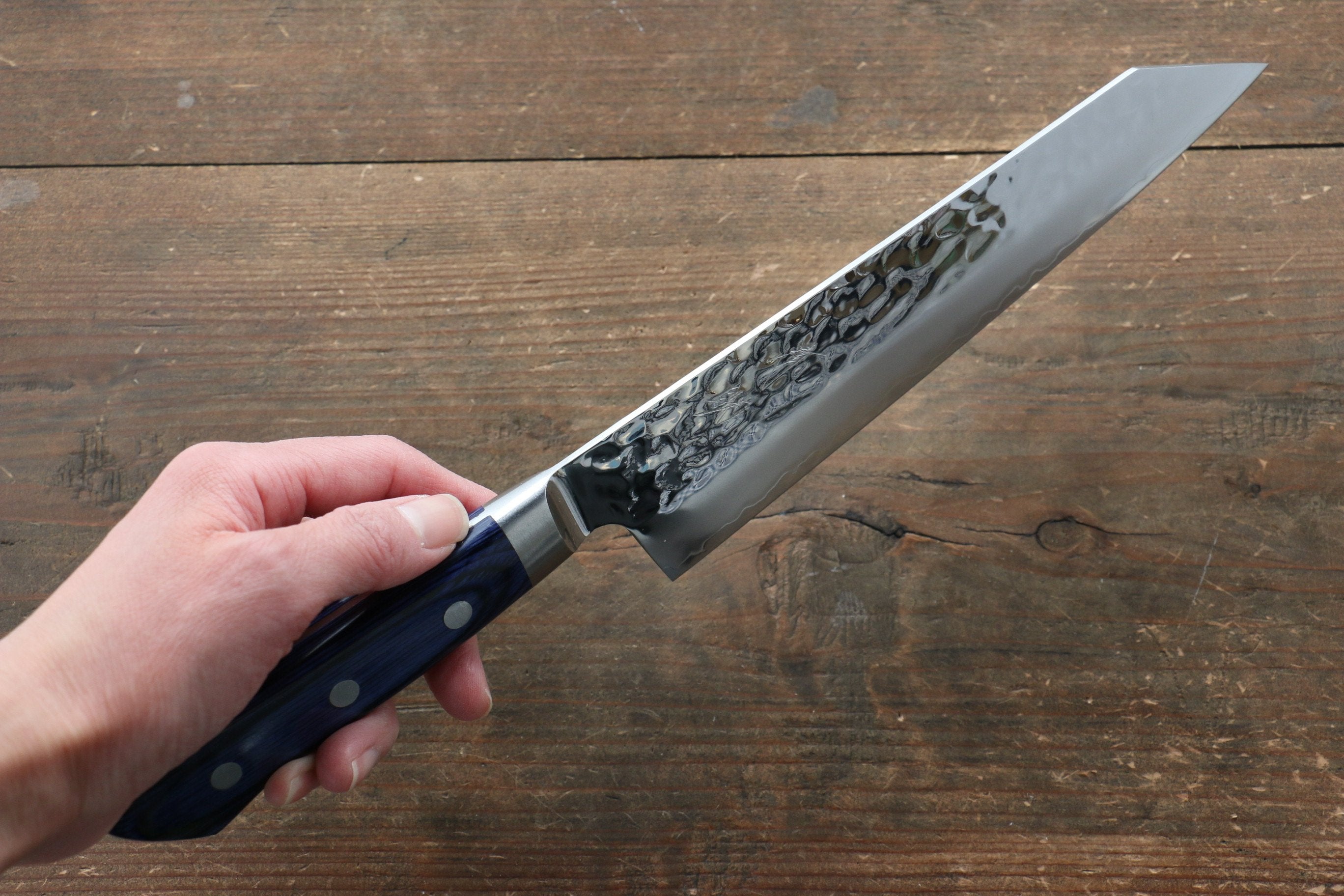 Seisuke Aotsuchi AUS10 Hammered Kiritsuke Santoku 195mm Blue Pakka wood Handle - Seisuke Knife