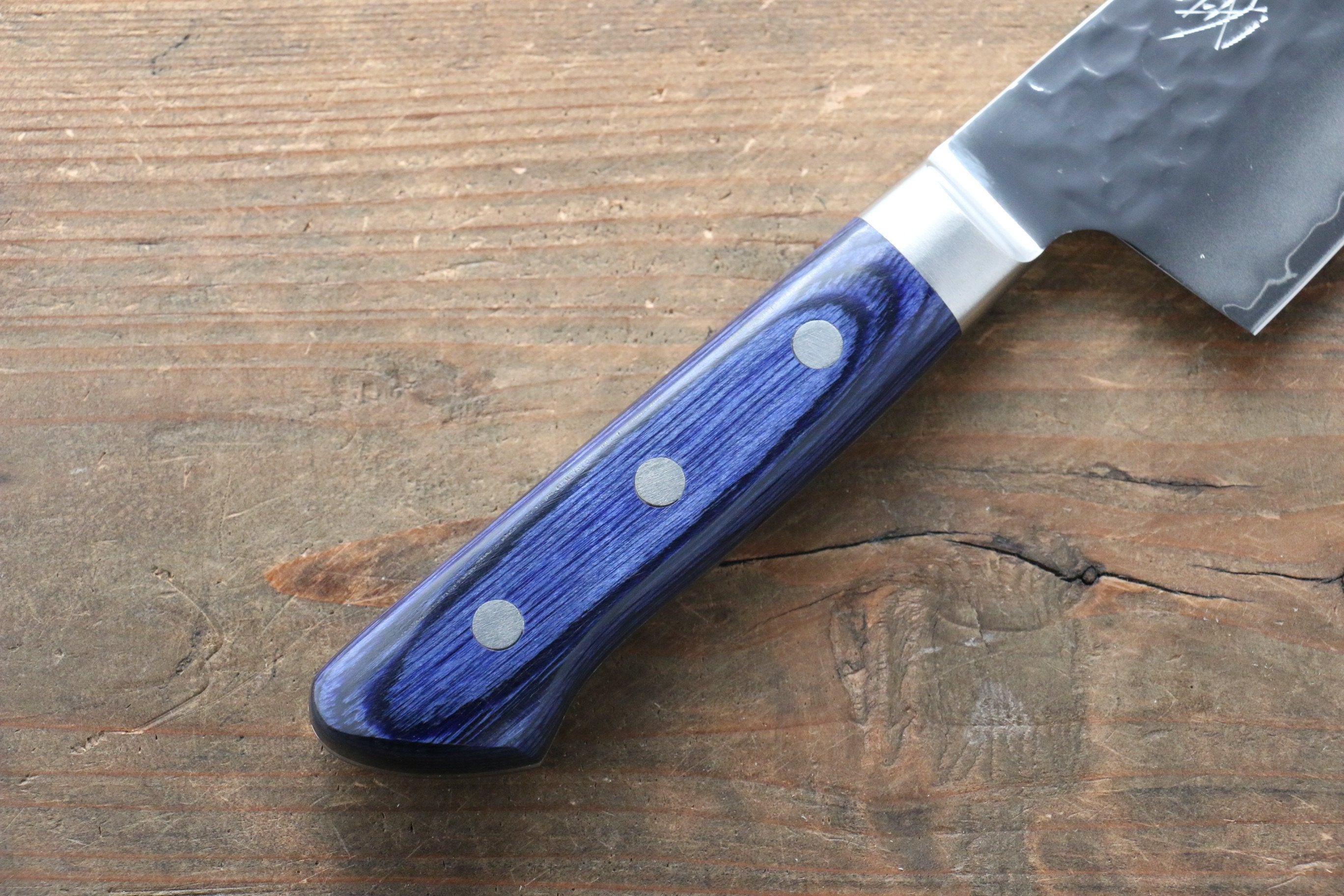 Seisuke Aotsuchi AUS10 Hammered Kiritsuke Santoku 195mm Blue Pakka wood Handle - Seisuke Knife