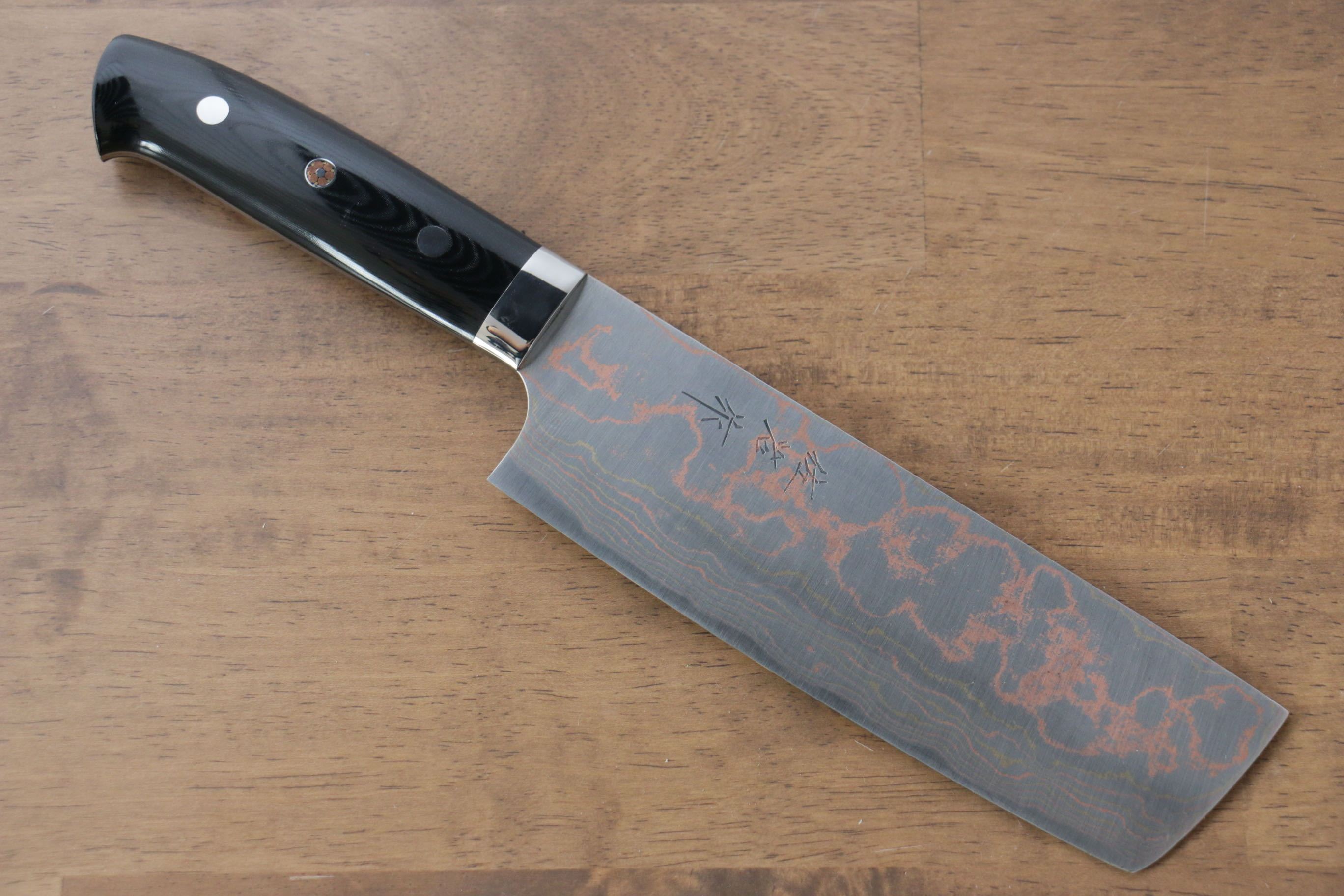 Takeshi Saji Blue Steel No.2 Colored Damascus Nakiri 165mm Black Micarta Handle - Seisuke Knife