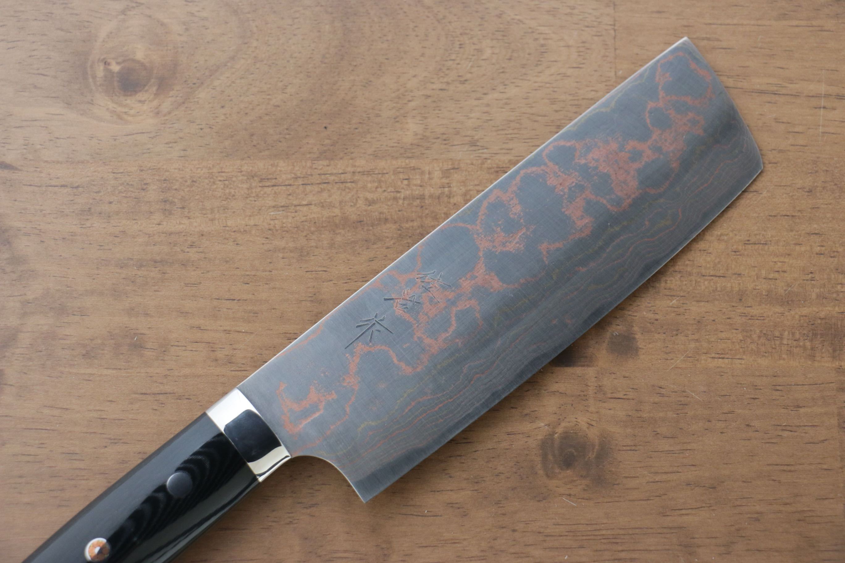 Takeshi Saji Blue Steel No.2 Colored Damascus Nakiri 165mm Black Micarta Handle - Seisuke Knife