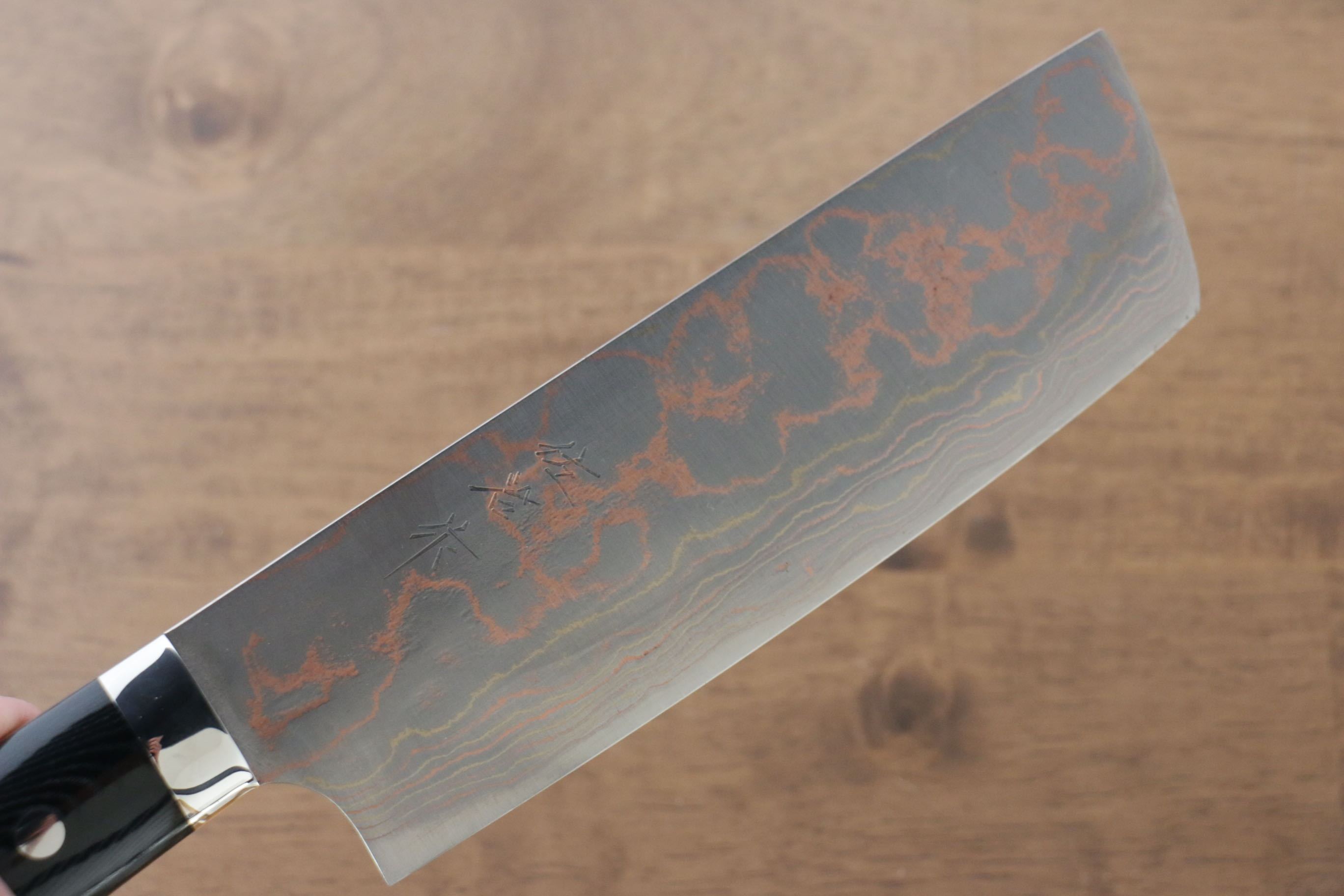 Takeshi Saji Blue Steel No.2 Colored Damascus Nakiri 165mm Black Micarta Handle - Seisuke Knife