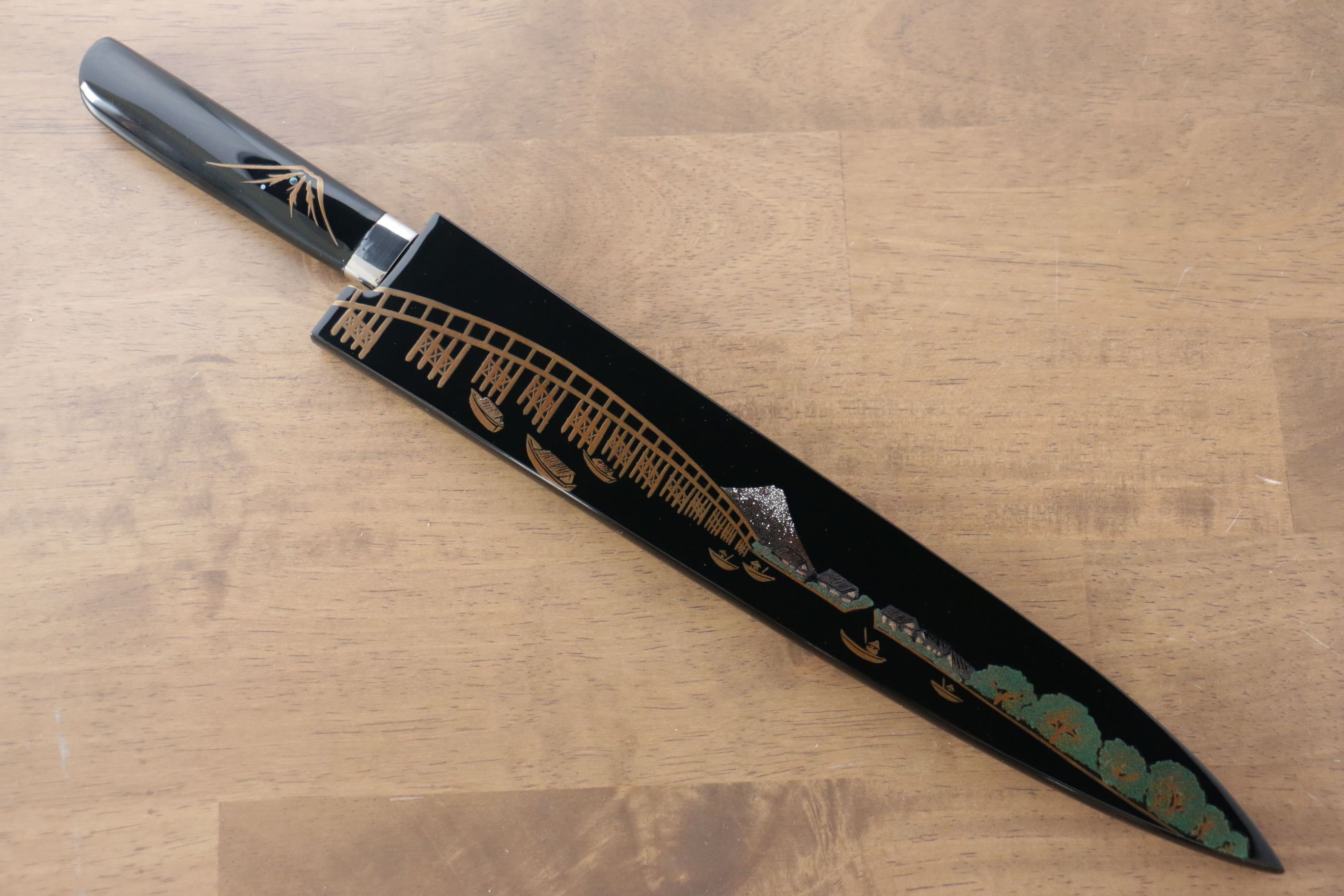 Takeshi Saji Blue Steel No.2 Colored Damascus Sujihiki 270mm Lacquered Handle with Sheath - Seisuke Knife