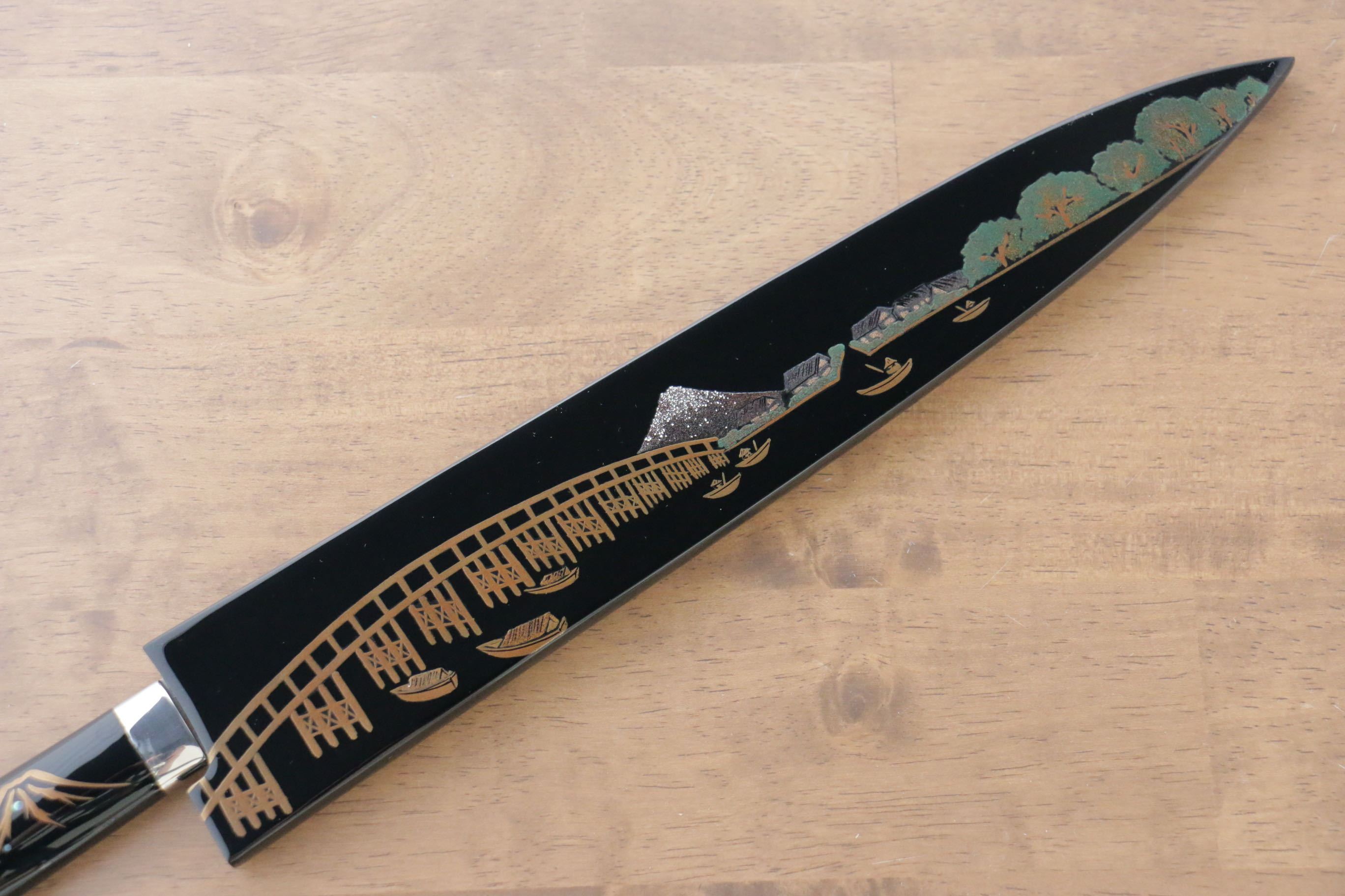 Takeshi Saji Blue Steel No.2 Colored Damascus Sujihiki 270mm Lacquered Handle with Sheath - Seisuke Knife