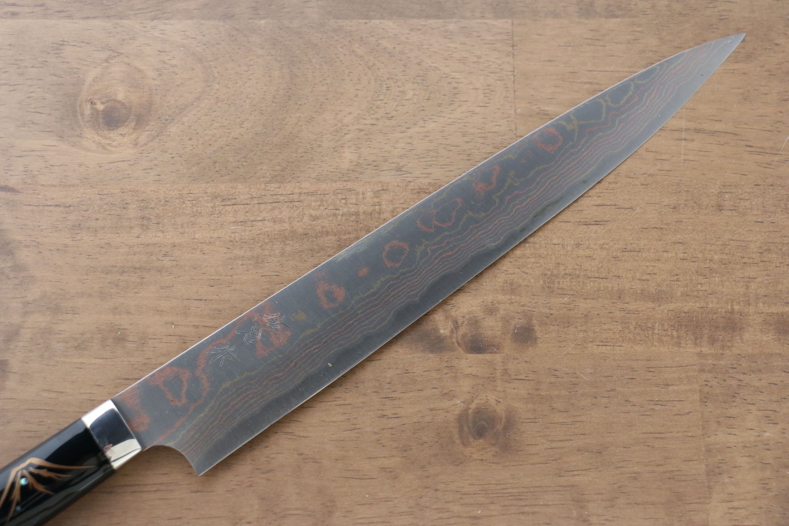 Takeshi Saji Blue Steel No.2 Colored Damascus Sujihiki 270mm Lacquered Handle with Sheath - Seisuke Knife