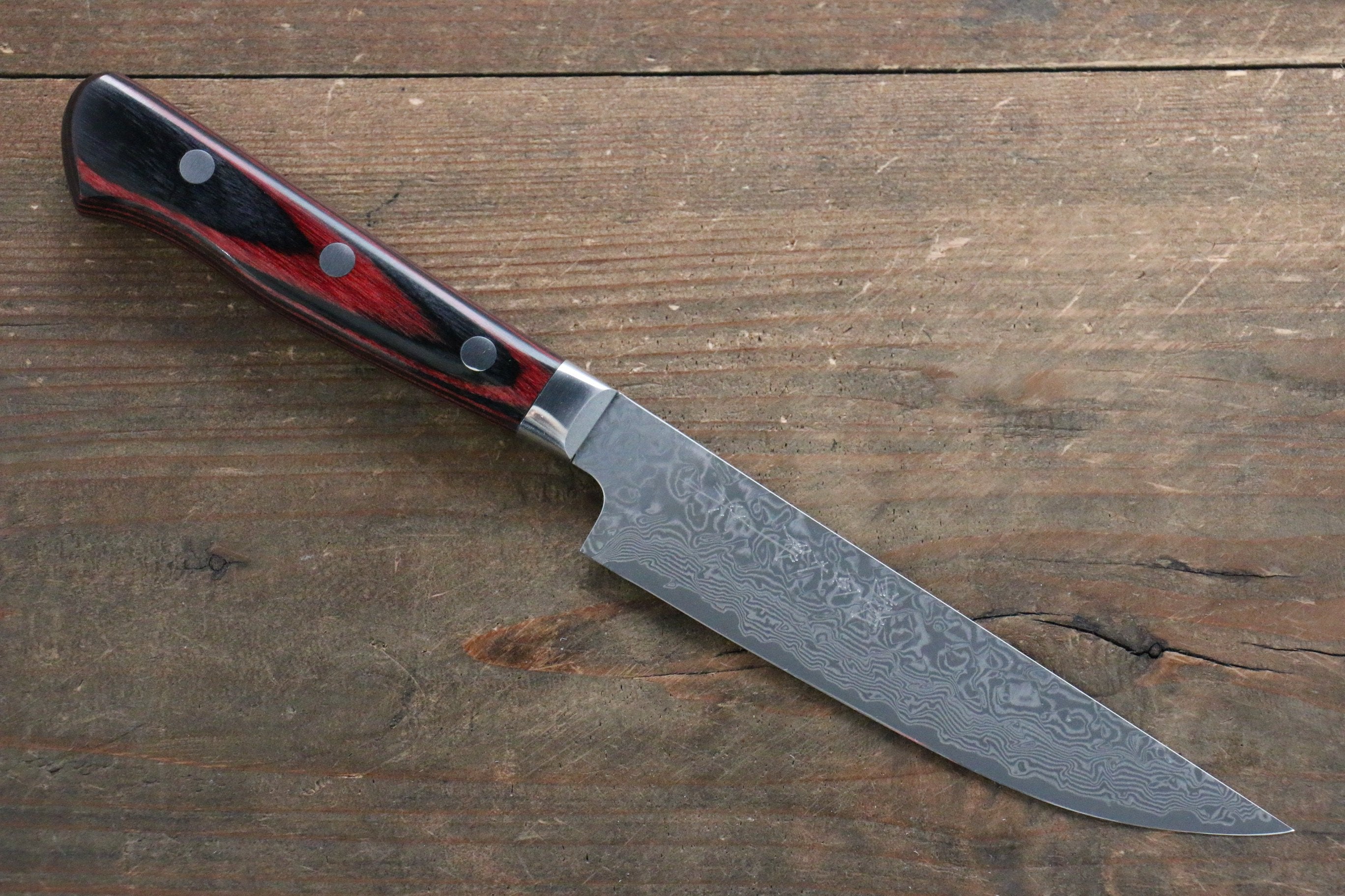 Yoshimi Kato VG10 Damascus Steak 120mm with Red Pakkawood Handle - Seisuke Knife