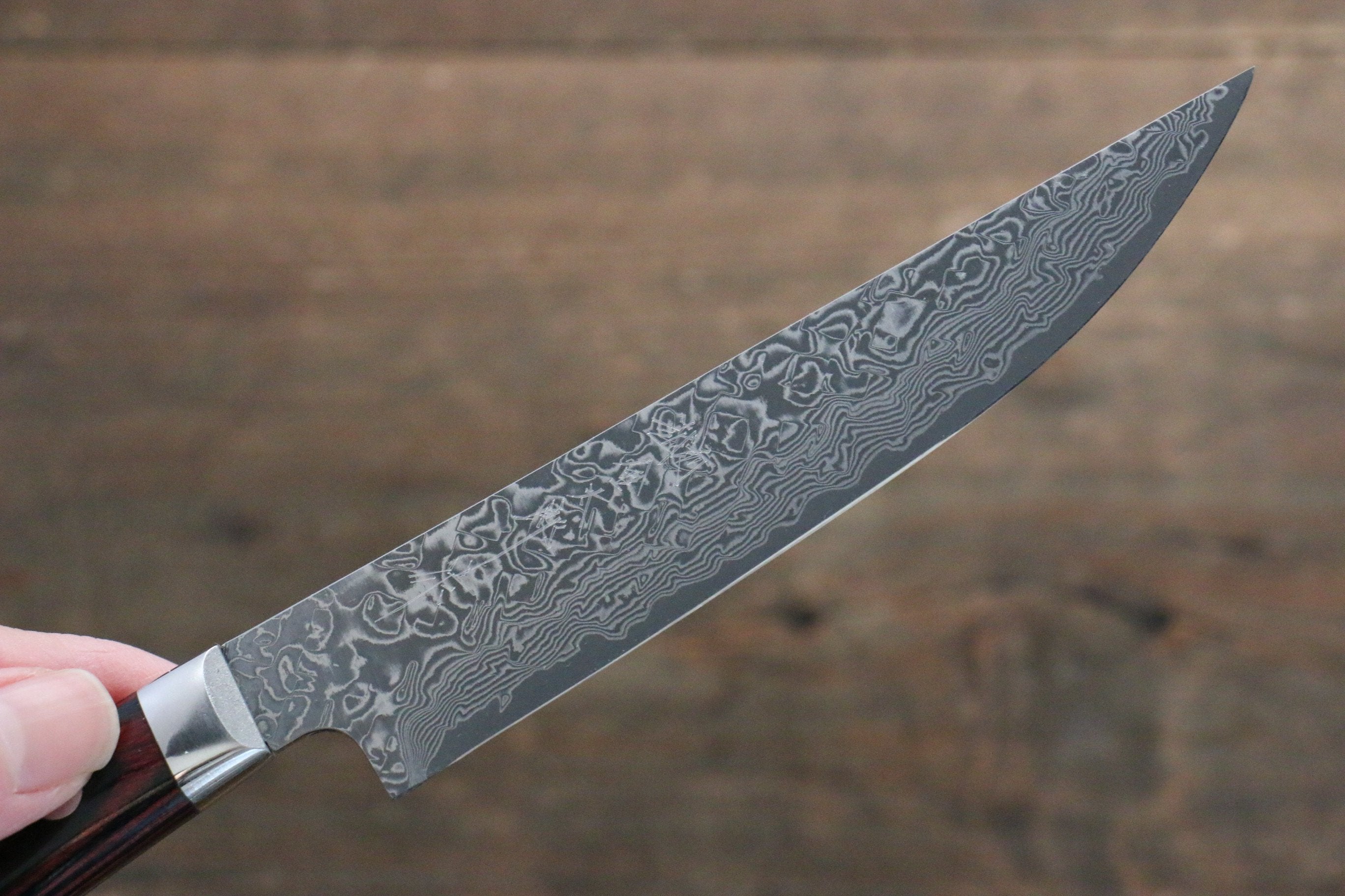 Yoshimi Kato VG10 Damascus Steak 120mm with Red Pakkawood Handle - Seisuke Knife