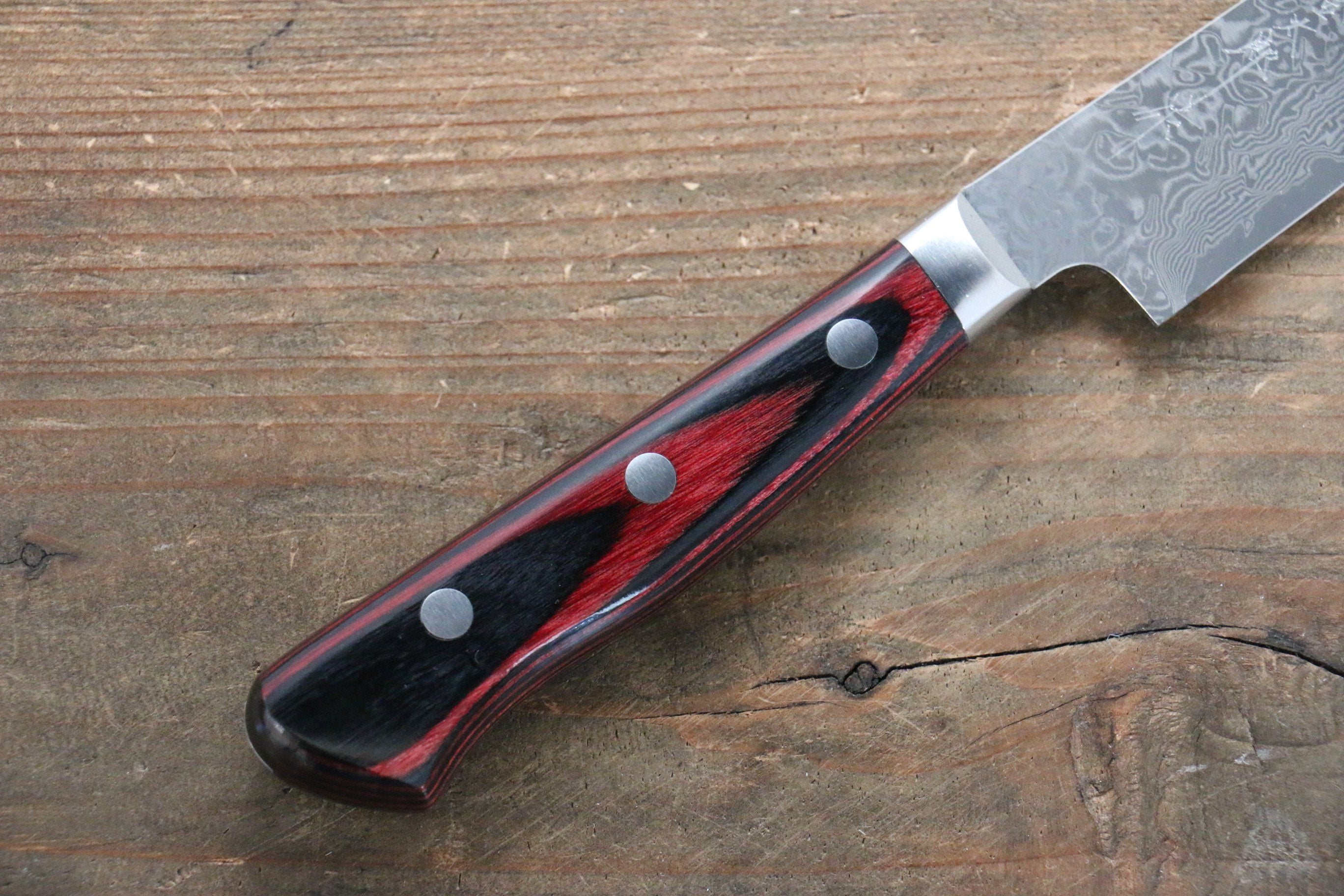 Yoshimi Kato VG10 Damascus Steak 120mm with Red Pakkawood Handle - Seisuke Knife