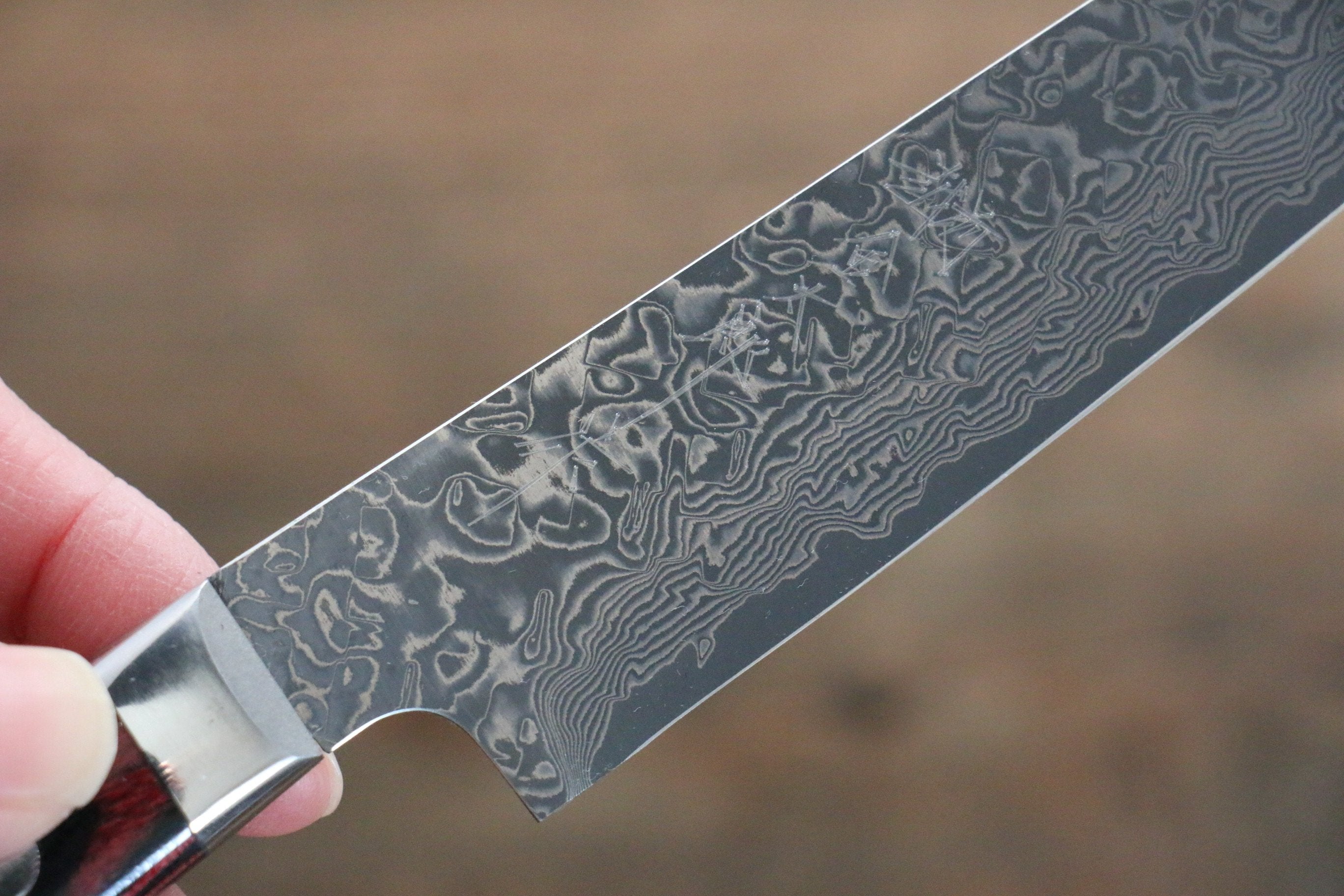 Yoshimi Kato VG10 Damascus Steak 120mm with Red Pakkawood Handle - Seisuke Knife