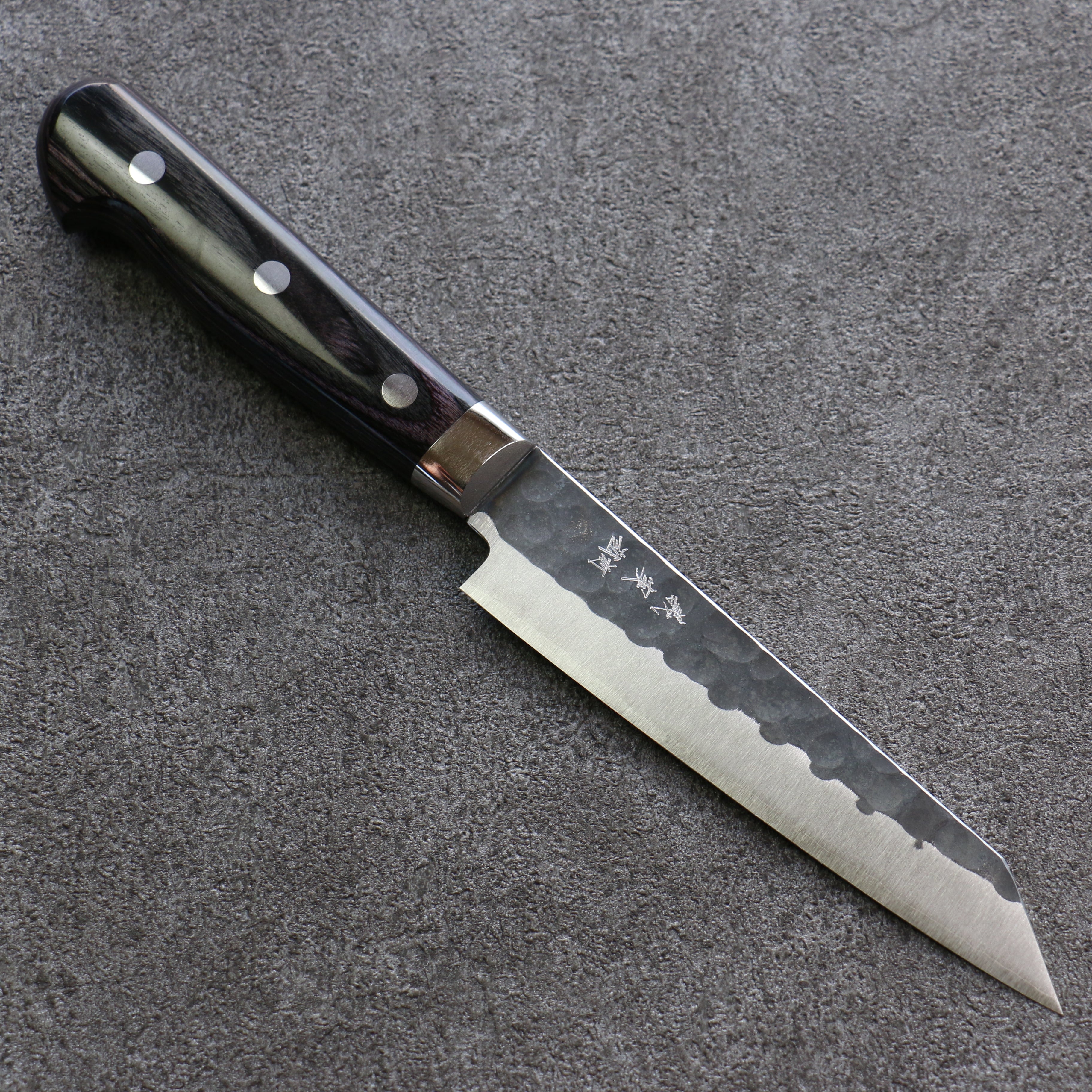Yoshimi Kato Blue Super Hammered(Maru) Kurouchi Kiritsuke Petty-Utility 150mm Purple Pakka wood Handle - Seisuke Knife