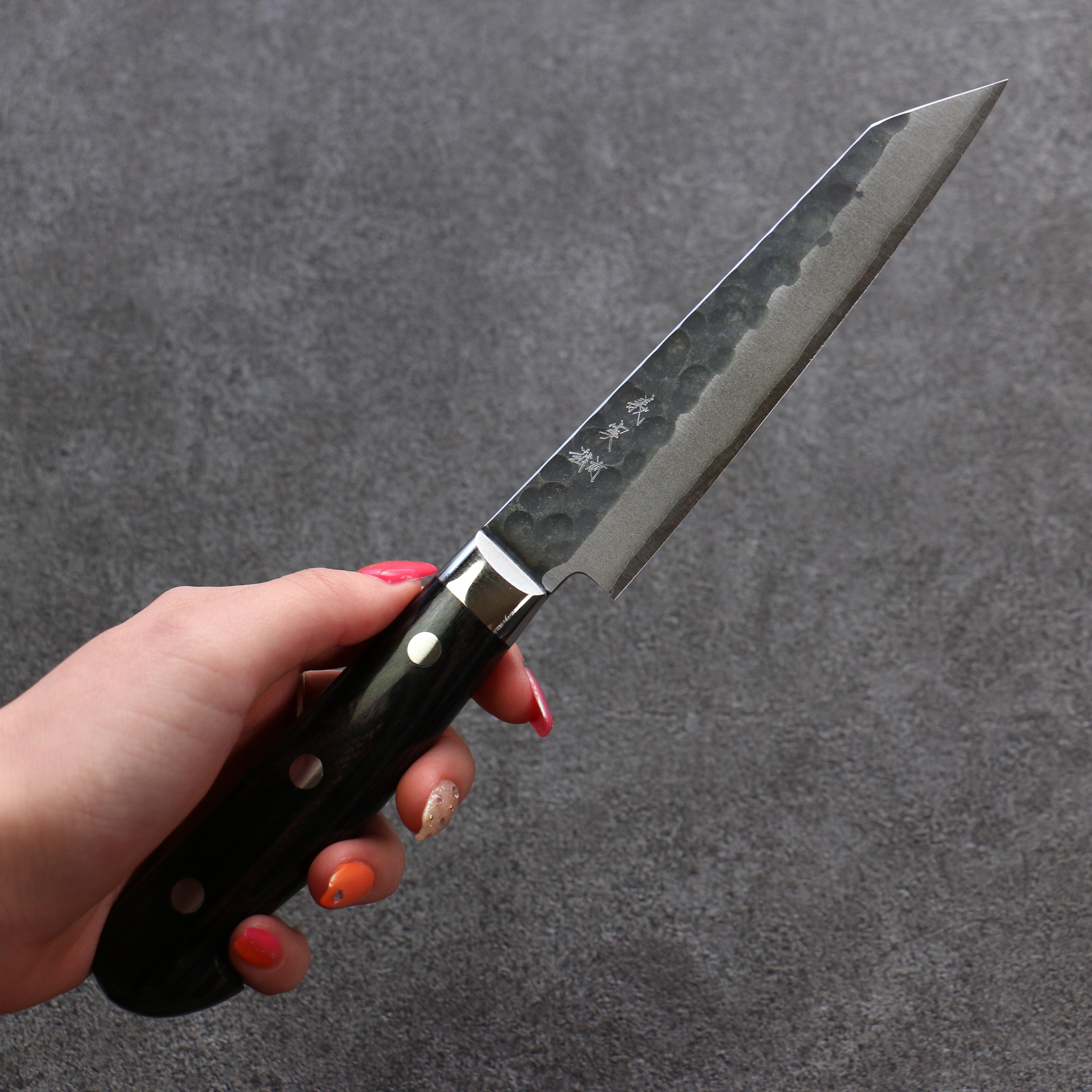 Yoshimi Kato Blue Super Hammered(Maru) Kurouchi Kiritsuke Petty-Utility 150mm Purple Pakka wood Handle - Seisuke Knife