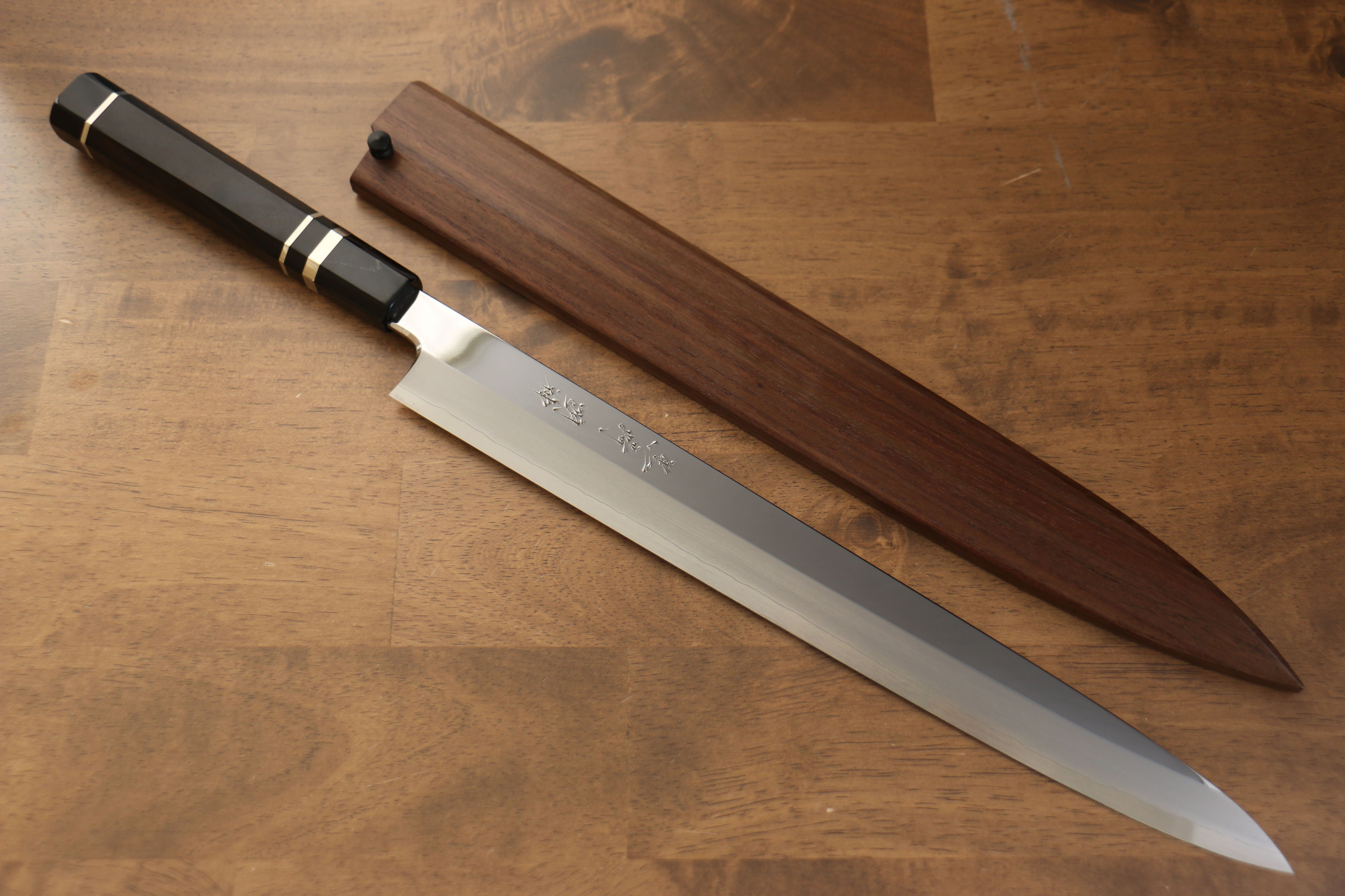 Yu Kurosaki Kurosaki ��� Myojin SG2 Mirrored Finish Yanagiba 330mm Ebony with Double Water Buffalo Ring Handle with Sheath - Seisuke Knife