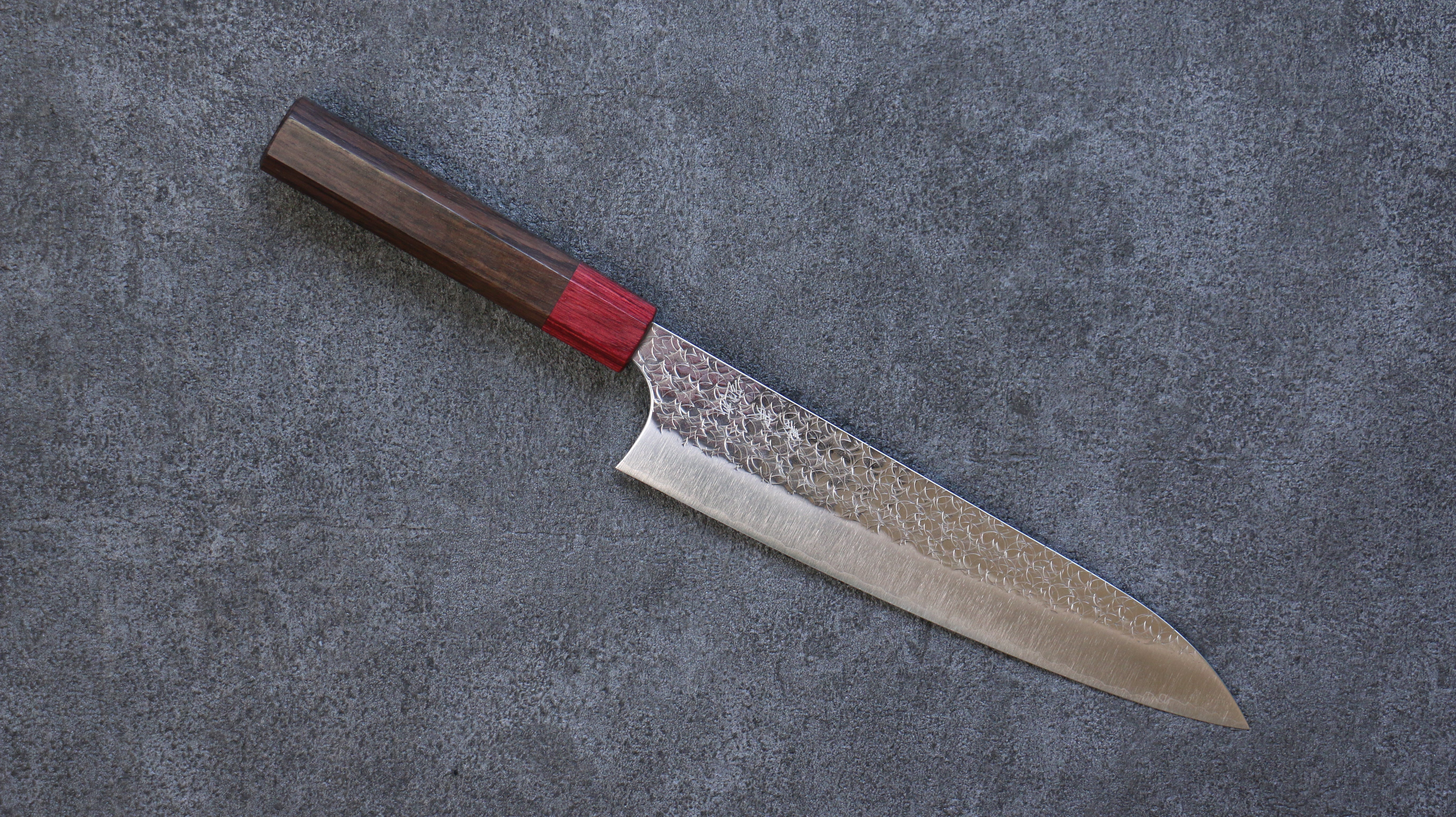 Yoshimi Kato Minamo SG2 Hammered Gyuto 210mm Shitan (ferrule: Red Pakka wood) Handle - Seisuke Knife
