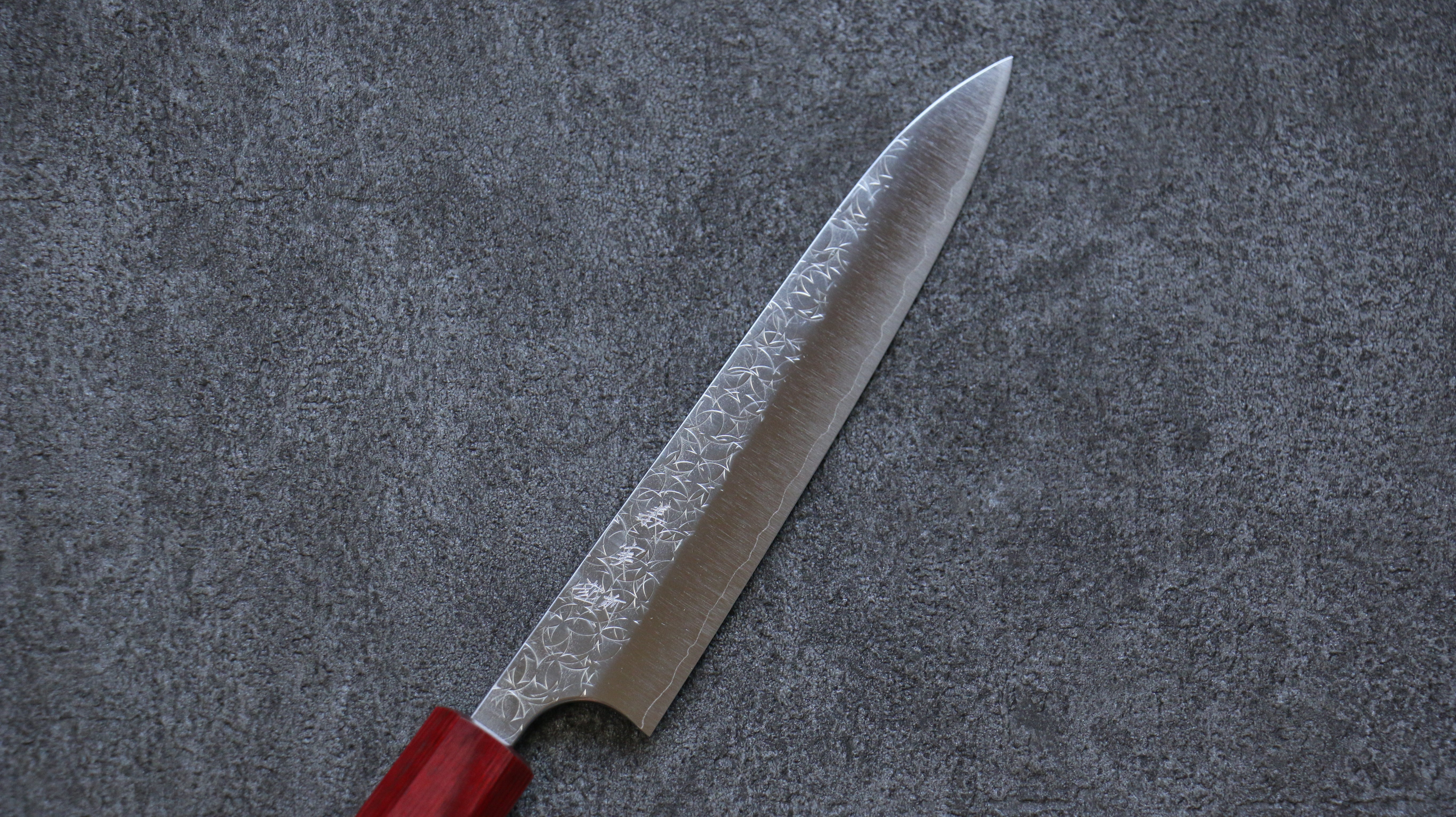 Yoshimi Kato Minamo SG2 Hammered Petty-Utility 150mm Shitan (ferrule: Red Pakka wood) Handle - Seisuke Knife