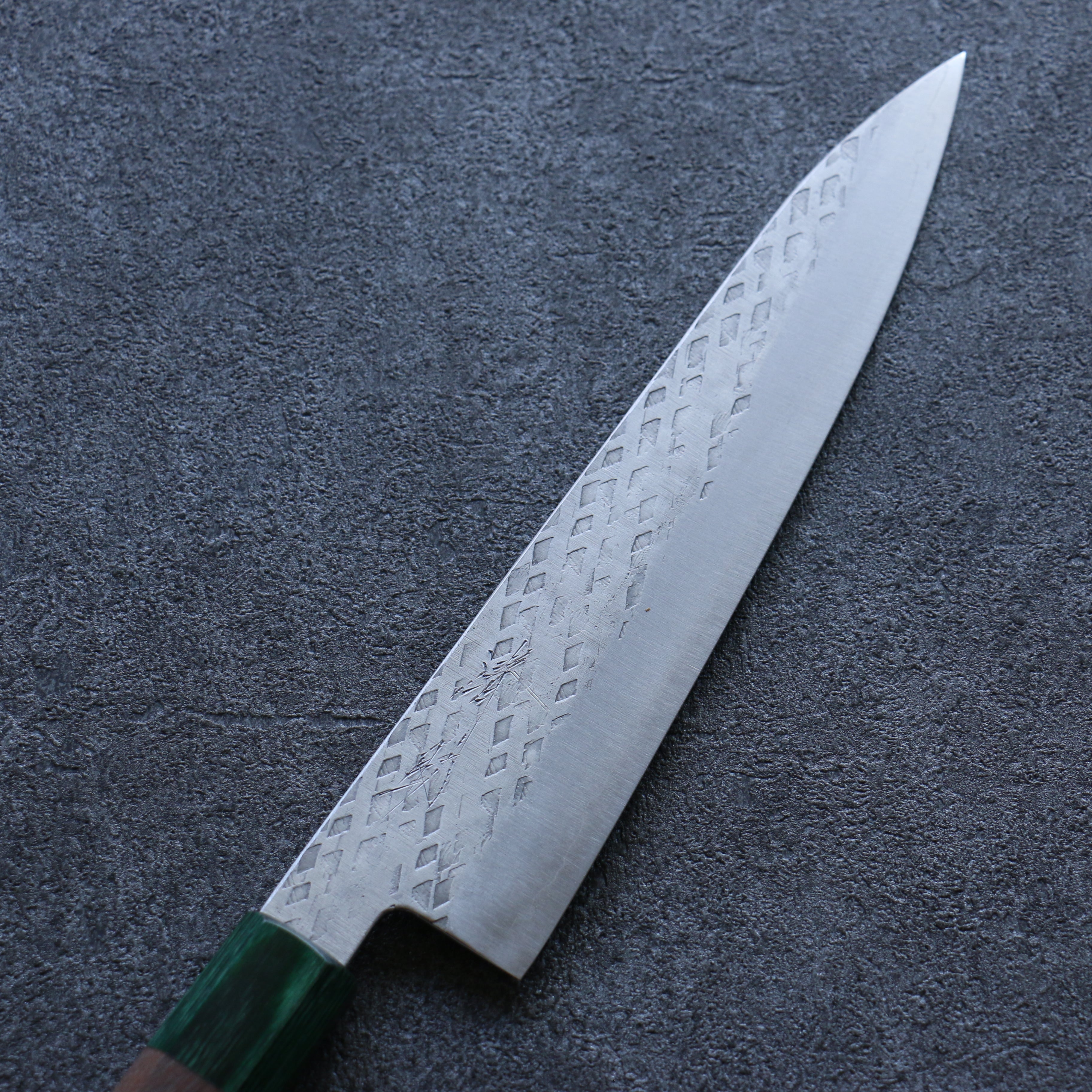 Seisuke Silver Steel No.3 Hammered Gyuto 210mm Walnut & Green Pakkawood Handle - Seisuke Knife
