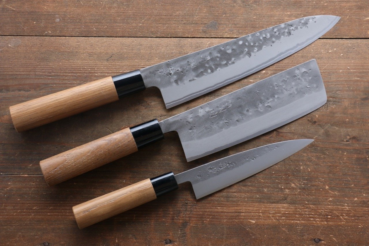 Seisuke Blue Steel No.2 Nashiji Gyuto, Nakiri, Petty Japanese Chef Knife Set - Seisuke Knife