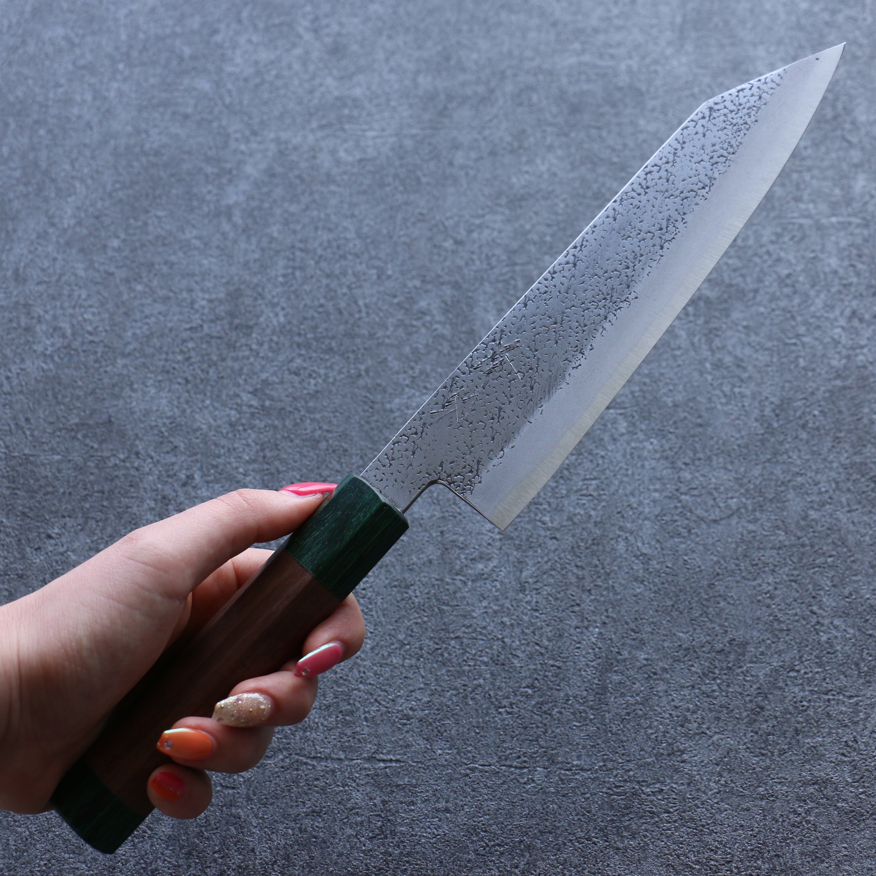 Seisuke Blue Super Hammered Bunka 185mm Walnut (With Double Green Pakka wood) Handle - Seisuke Knife