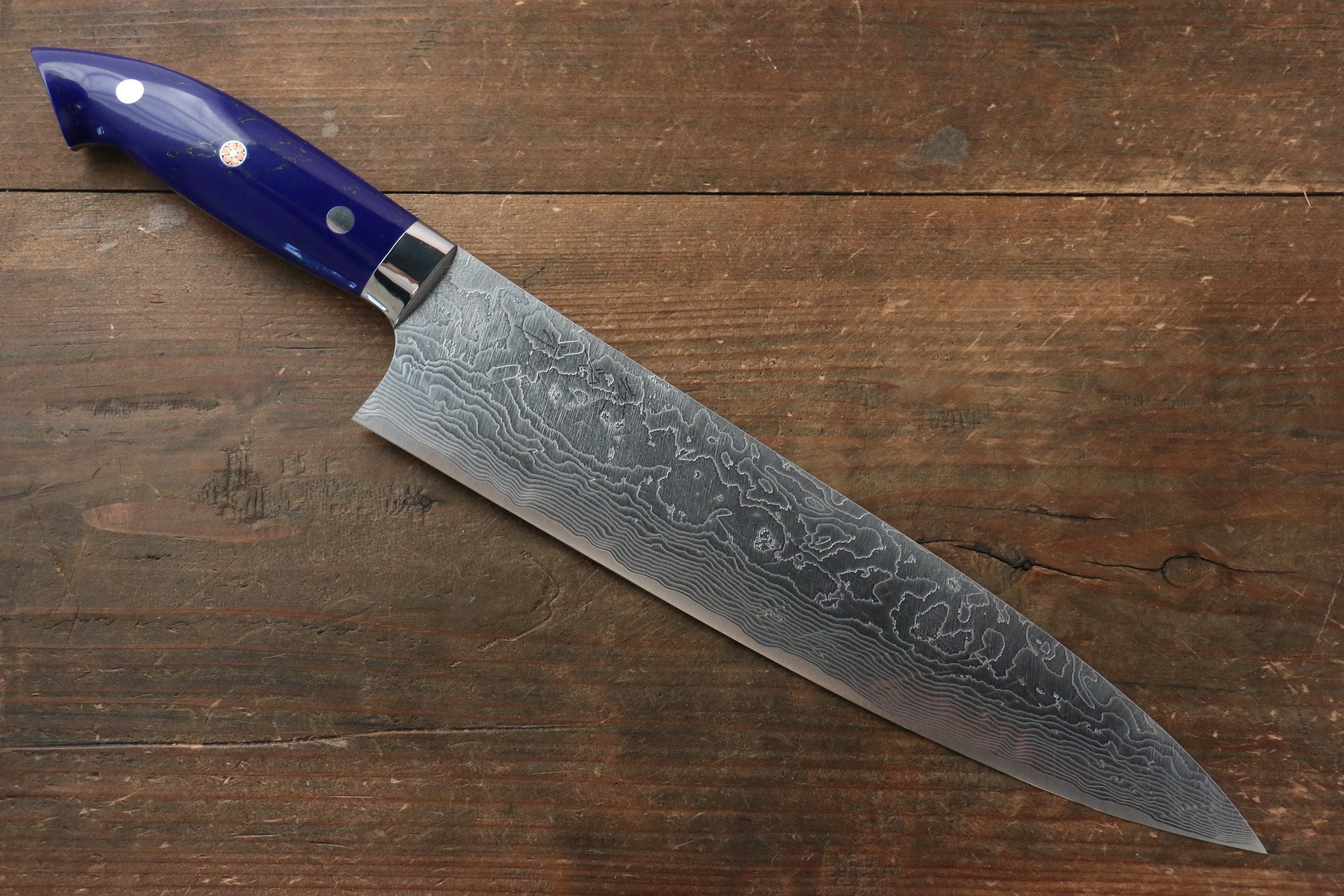 Takeshi Saji SG2 Diamond Finish Damascus Gyuto 240mm Navy Blue Turquoise (Nomura Style) Handle - Seisuke Knife